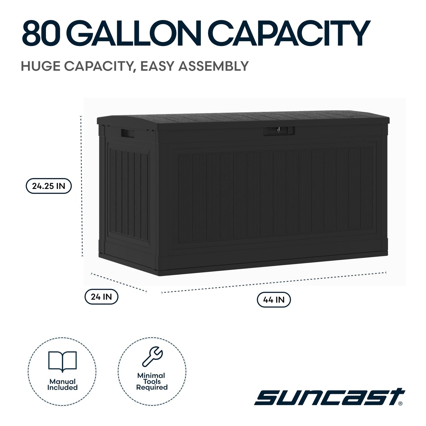 Suncast 80-Gal. Resin Large Outdoor Patio Deck Box with Pad-Lockable Lid, Modern Outdoor Patio Bench/Storage Box for Cushions, Garden Tools, and More, Iron Ore