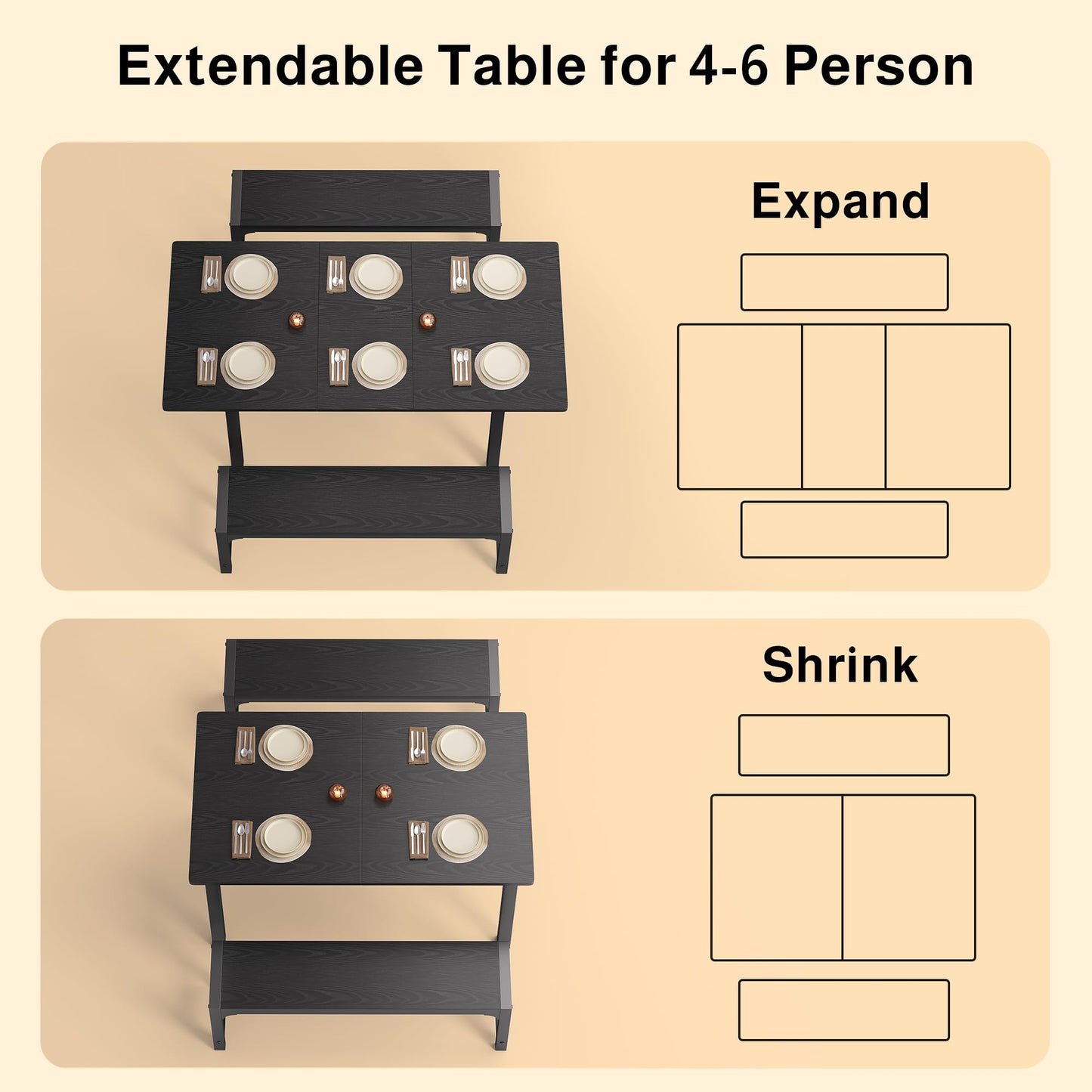Ahomly 63“ Large Extendable Dining Table Set for 4-6 with 180° Smart-Flip Pivot, Kitchen Table Set with Bench, Dining Room Table with Metal Frame & MDF Board, Perfect for Small Space, Black