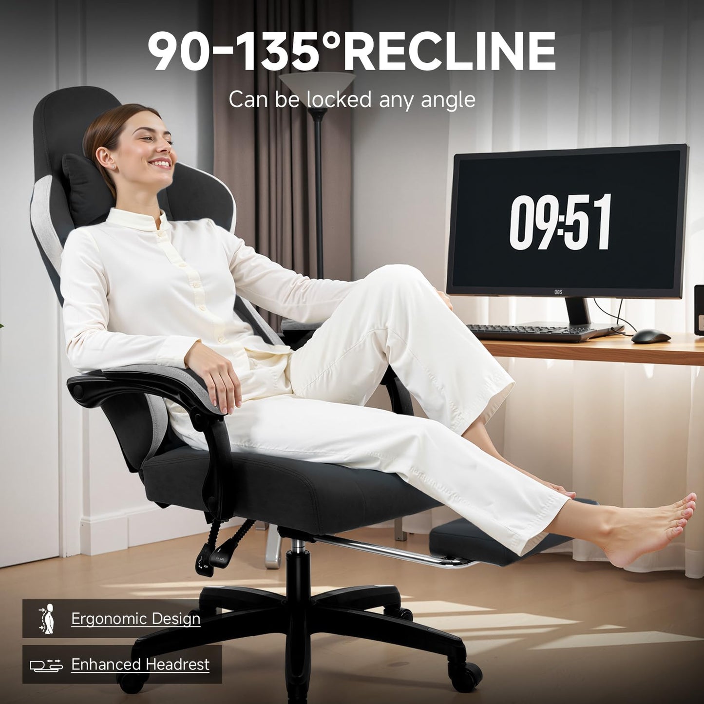 GTPLAYER Office Chair, Gaming Computer Desk Fabric Chair with Footrest, High Back Ergonomic Office Chair with Pocket Spring Lumbar Support and Linkage Armrests Adjustable Height Swivel for Home Task