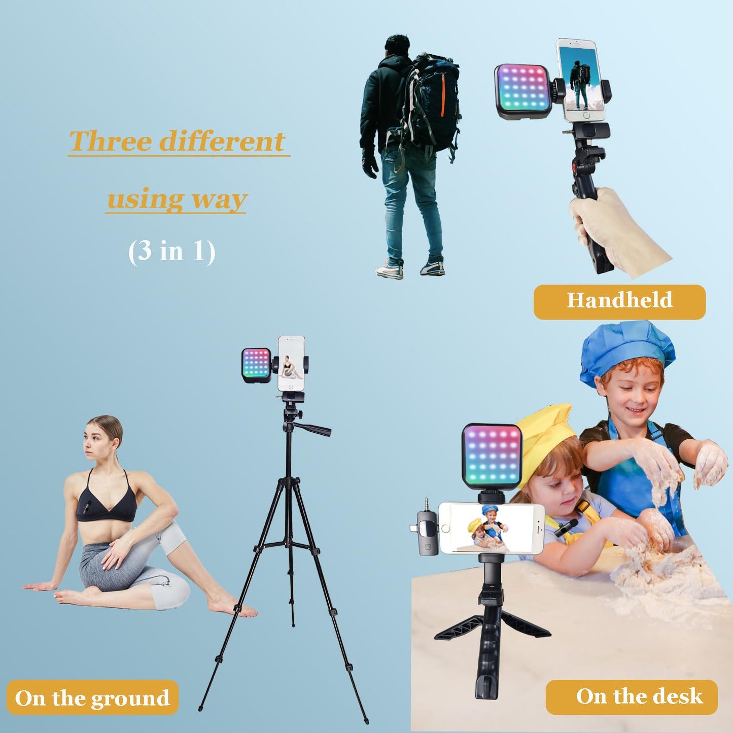 Litchitech Vlogging Kit for iPhone Andriod Phone, Content Creator Essentials,YouTube Begginer Kit with RotatableHolder/Lavalier Microphone/RGB Light/Remote/Extendable Tripod (60IN Tripod)