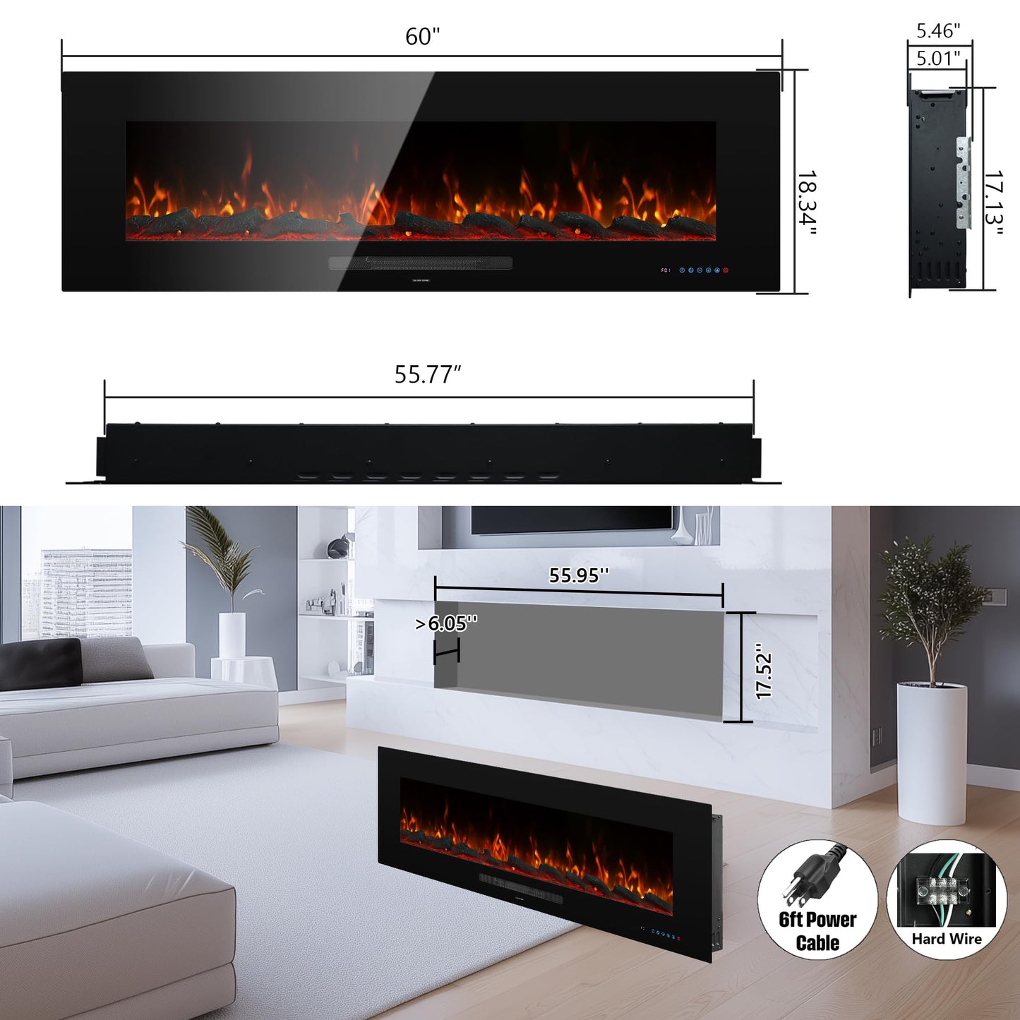 Dreamflame 60" Electric Fireplace, Recessed & Wall Mounted Fireplace Heater 13 * 13 Colors Flame &Fuel Bed w/5 Dimmer, Touchscreen &Remote Control Temp, Overheating Protect, Hardwired, 1500W, Black