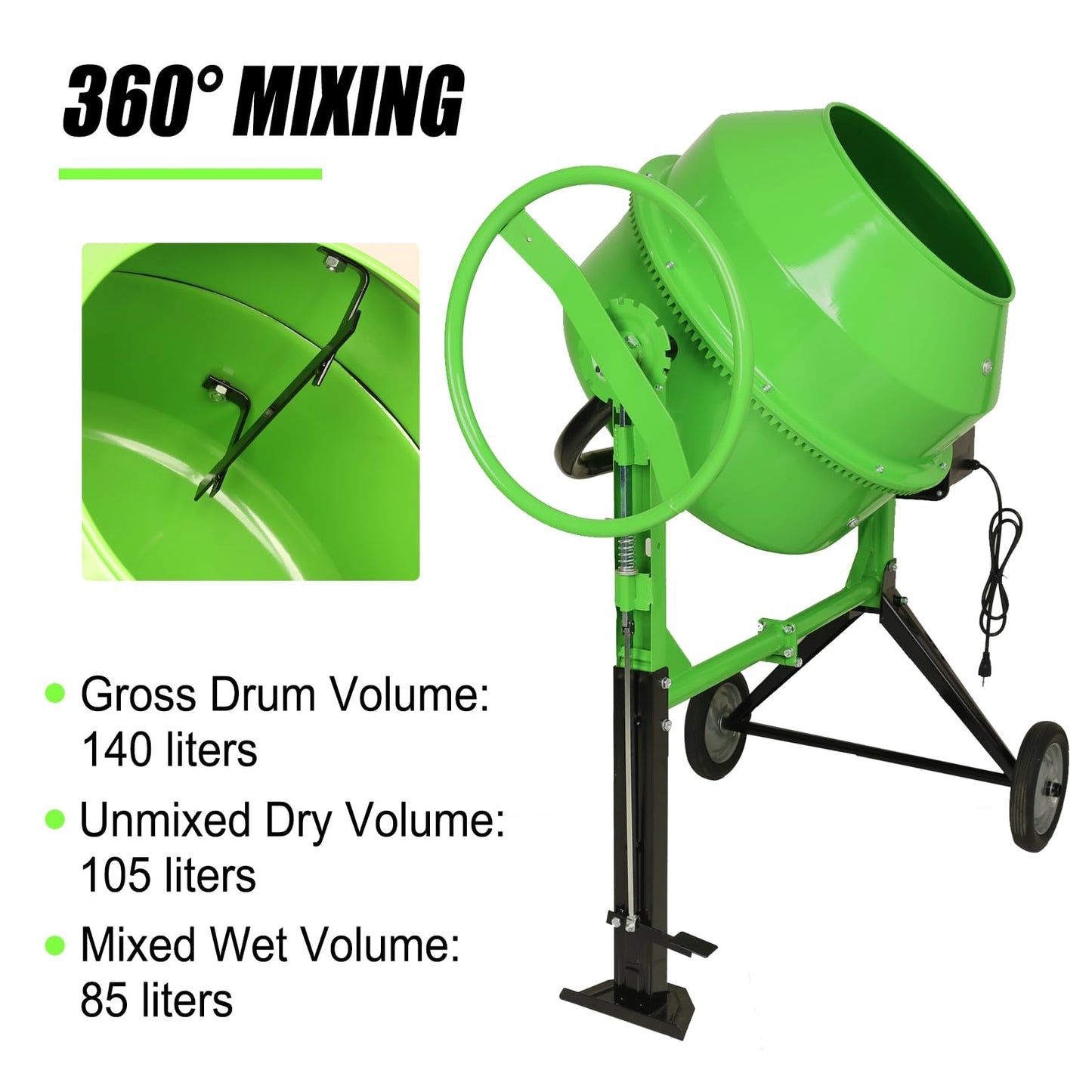 Cimcame Electric Concrete Mixer 5.0 Cu Ft Portable Wheelbarrow Cement Mixing Machine for Stucco Mortar Seeds