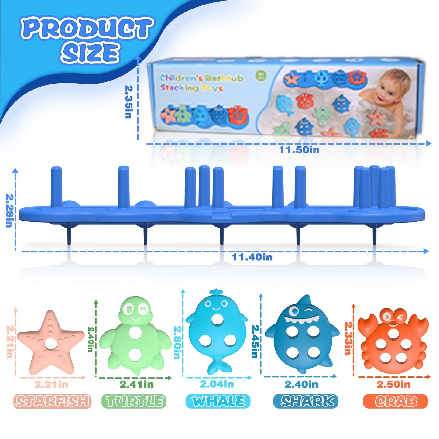 Baby Bath Toys, Premium Silicone Mold Free Ocean Animal Shape Sorting & Stacking Toddlers Bath Toys, No Hole Bathtub Floating Toys Gift for Boys Girls, Early Learning Sensory Water Toys, Bathtime Fun