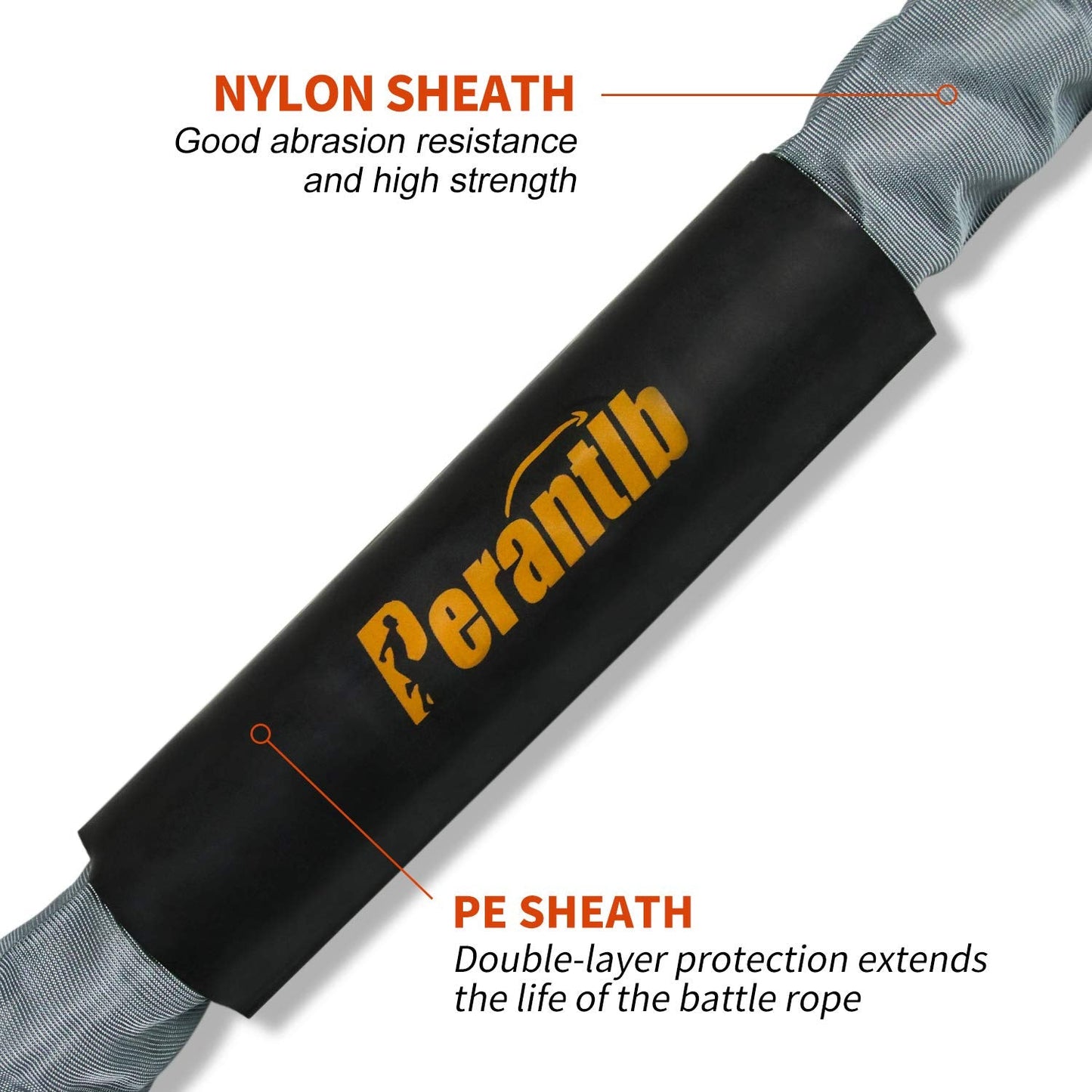 Perantlb Battle Rope with Cloth Sleeve -1.5/2 Inch Diameter 30' 40' 50' Lengths -Gym Muscle Toning Metabolic Workout Fitness, Battle Rope Anchor Strap Kit Included(2"x30ft)