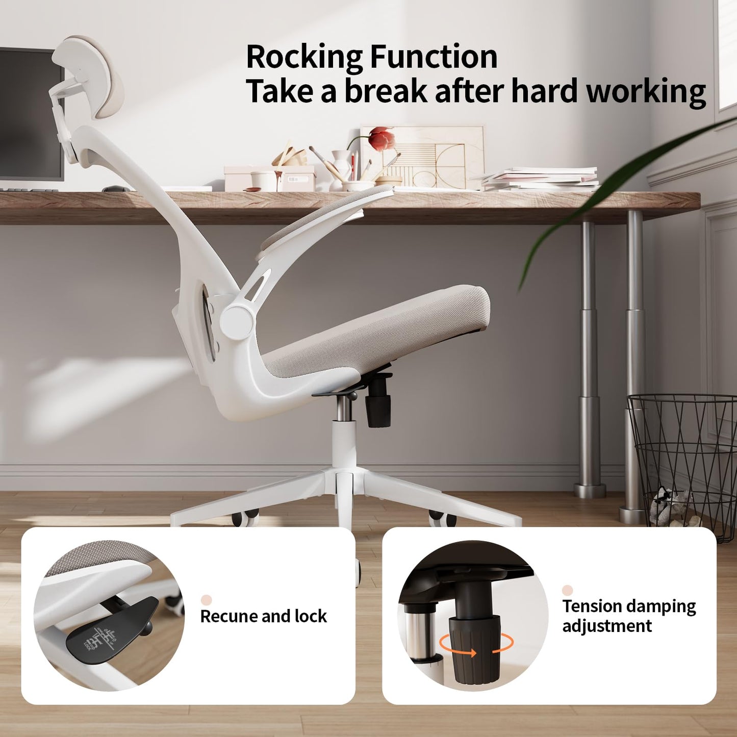 Office Chair Ergonomic Desk Chair with Lumbar Support&Headrest&Flip-up Arms Height Adjustable Rocking Swivel High Computer Chair Multi-Angle from 90° to 125° with 350LBS Capacity(White+Khaki-2)