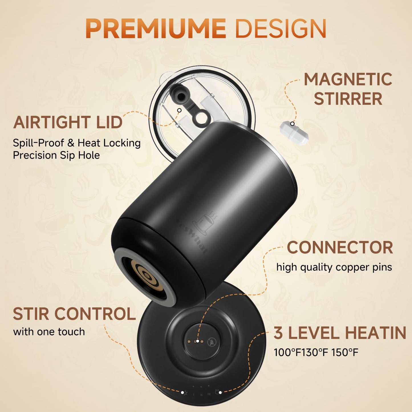 Temperature Control Self Stirring Coffee Mug with Lid, Automatic Heated Coffee Milk Cocoa Cup, Black 11 oz Smart Stainless Steel Mug Warmer with USB Type-C