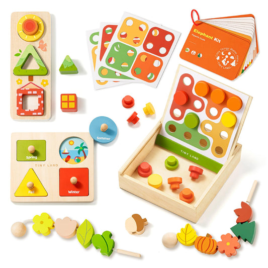 Tiny Land Montessori Toy Set for Babies 18-24 Months Investigator Play Kit- 4-in-1 Wooden Learning Toys with Color Sorting, Lacing Beads, Shape Matching, and Seasons Puzzles