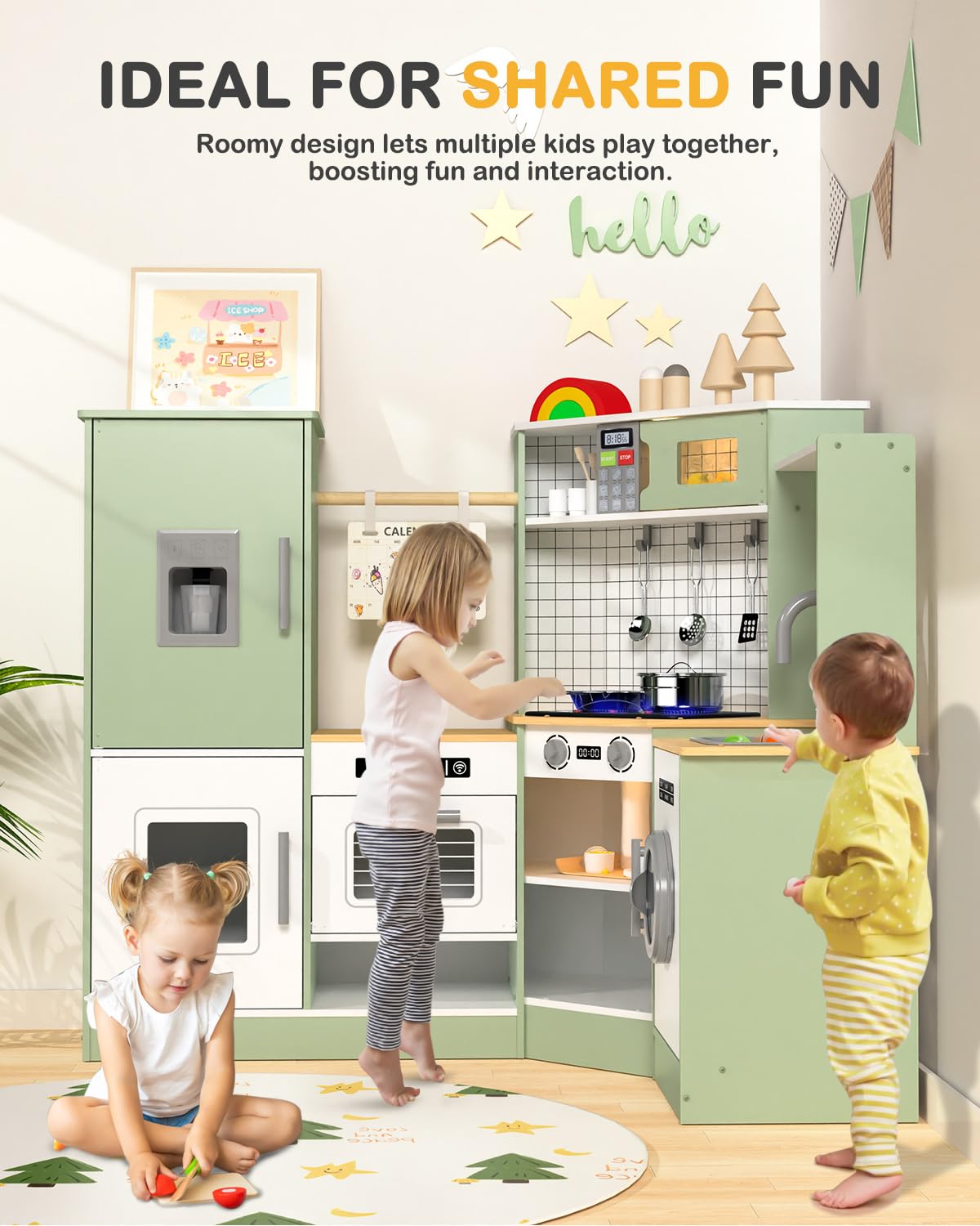 Babytronic Corner Wooden Play Kitchen Set for Kids w/Lights & Sounds, Pretend Play Kitchen Playset with Stove, Microwave, Ice Maker & Accessories, Perfect for Toddlers & Multiple Children (Green)