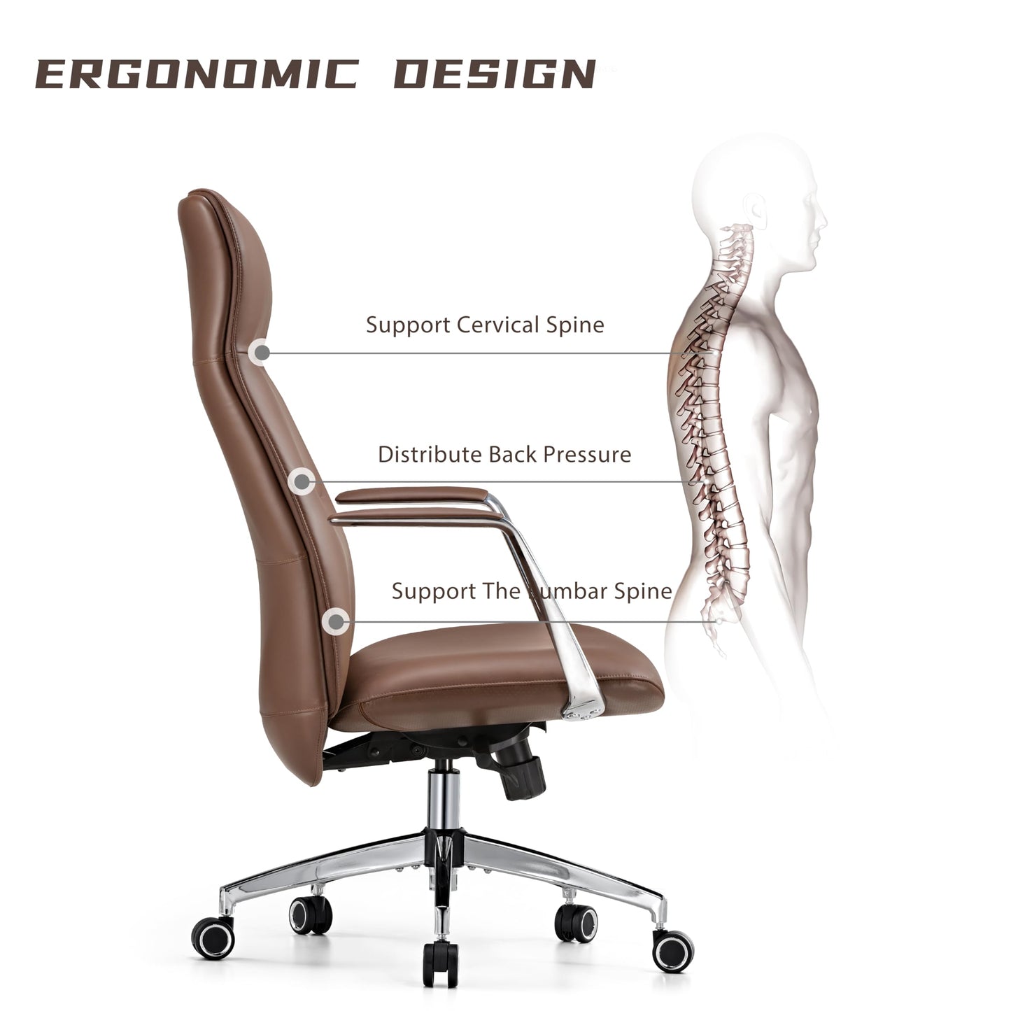 EUREKA ERGONOMIC Royal Slim Executive High Back Brown Leather Office Chair, Home Desk Chair for Adults, Big and Tall with Wheels, Swivel Rolling