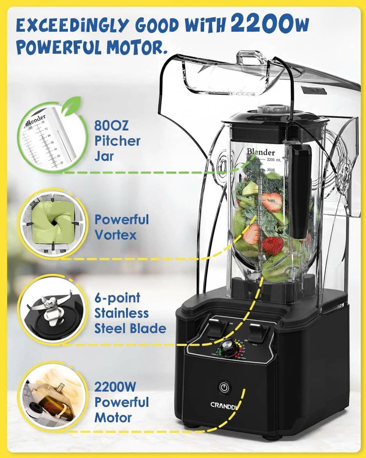 CRANDDI Quiet Commercial Blender with Soundproof Shield, 2200 Watt Professional Blenders for Kitchen with 80oz Jar and Self-Cleaning, High-Speed Blenders K90 Black