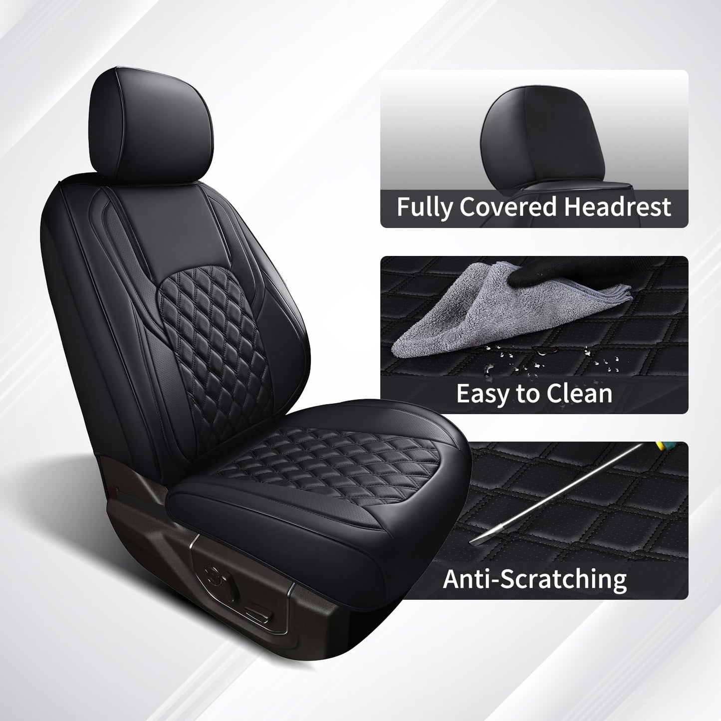 Huidasource Ford Seat Covers, Leather Pickup Seat Cushion Cover Fit for 2015-2025 Ford F150 SuperCrew & 2017-2025 F250 F350 F450 Super Duty Crew Cab XL XLT Lariat King Ranch Platinum(Full Set/Black)
