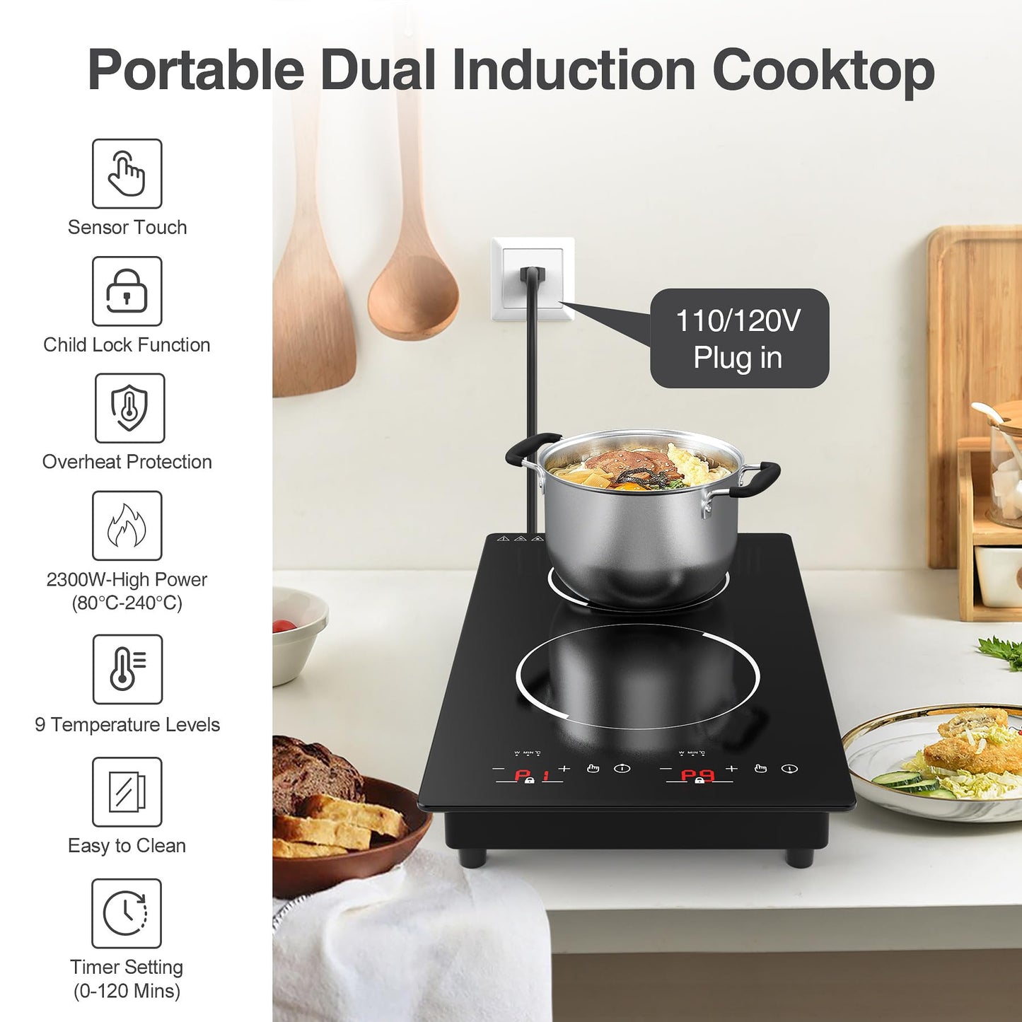 GIHETKUT Double Induction Cooktop,110V 2 Burner Induction Cooktop,2300W Electric Stove Top with Independent Control, Ultrathin Body, 9 Temperature, Multiple Power Levels, 2 Hour Timer, Safety Lock