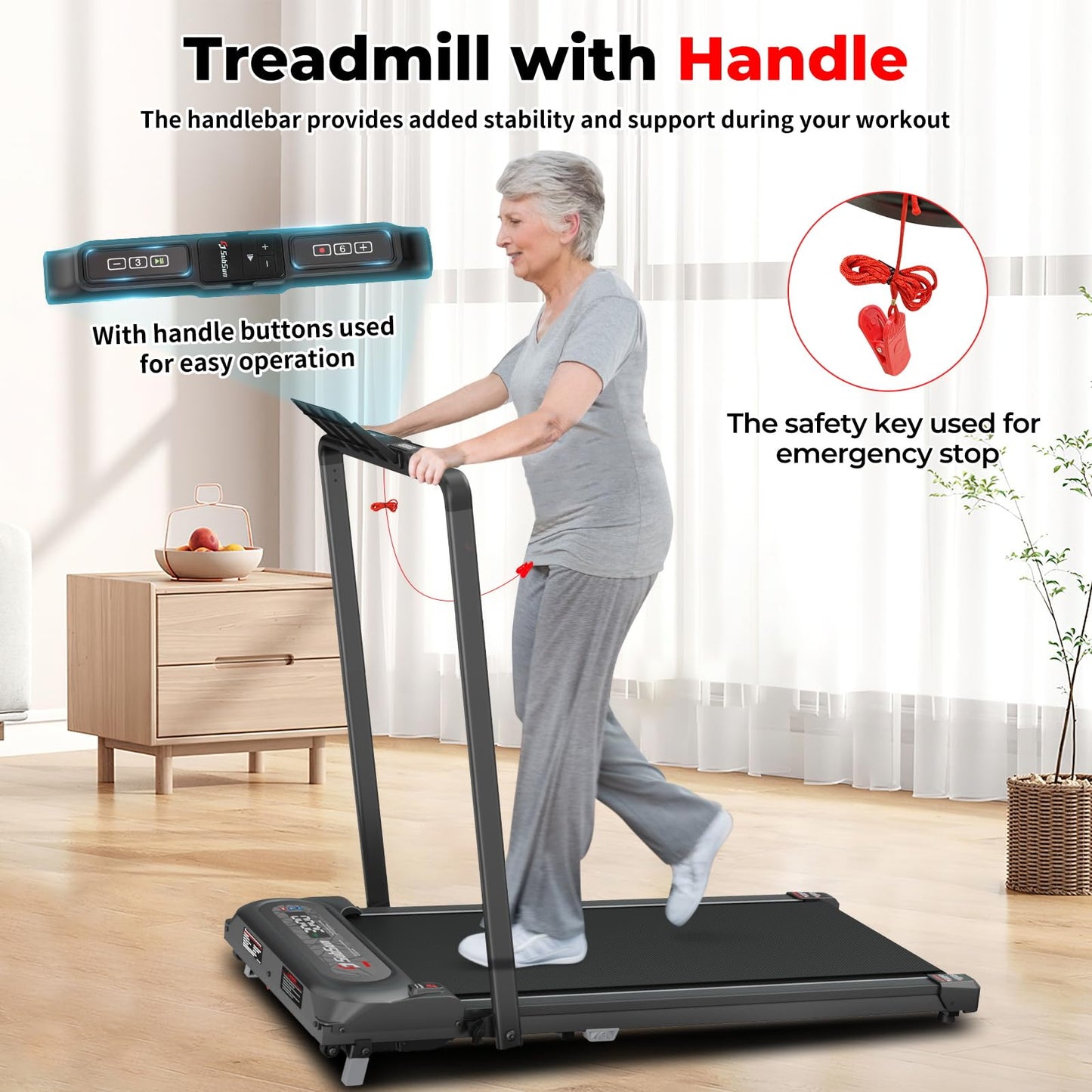 SubSun 2 in 1 Folding Treadmill, Walking Pad with Handle Bar, Under Desk Treadmill with 265 Lbs Capacity for Office, Remote Control, Grey