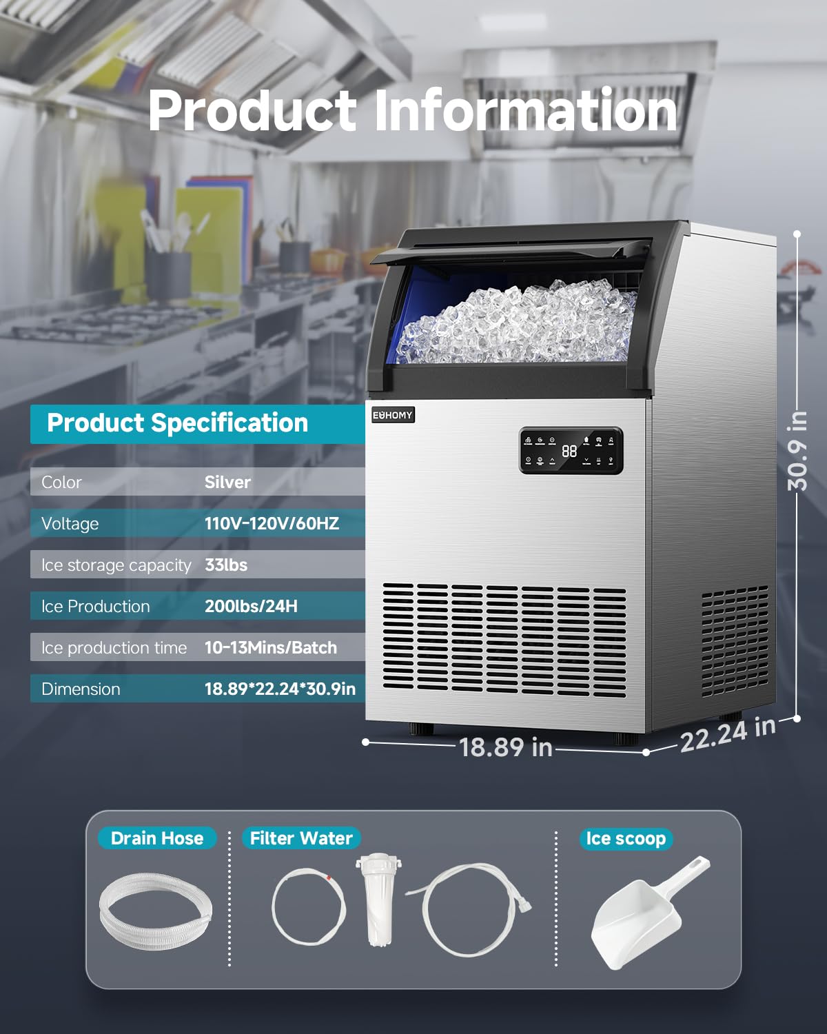 EUHOMY Commercial Ice Maker,200lbs/24H,Stainless Steel Under Counter Ice Machine with Water Filter,33lbs Storage Capacity, 84 Cubes in 8-12 Mins, Freestanding Ice Machine for Home/Bar/Cafe/Restaurant