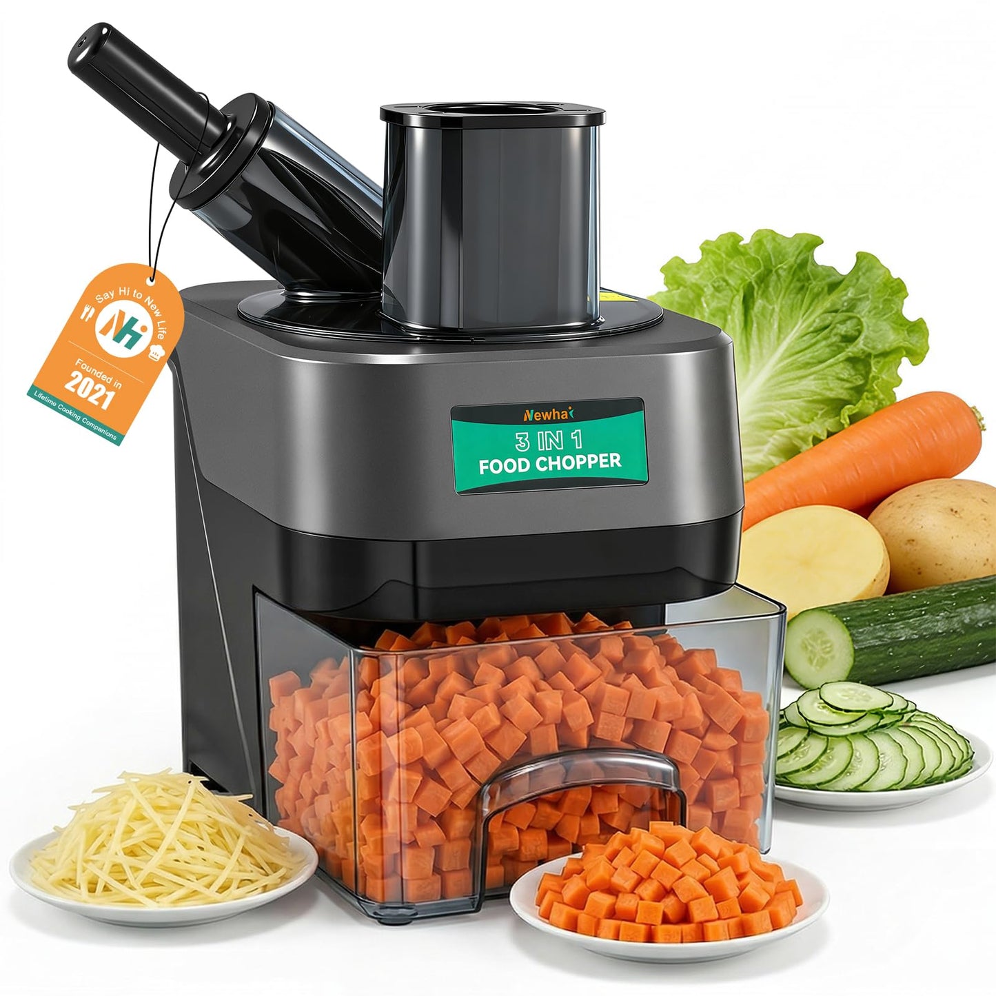 Newhai 3 in 1 Electric Vegetable Dicer Slicer Shredder Multifunctional Vegetable Chopper Automatic Veggie & Fruit Cutter Machine for Commercial & Home Use, 110V, 100W