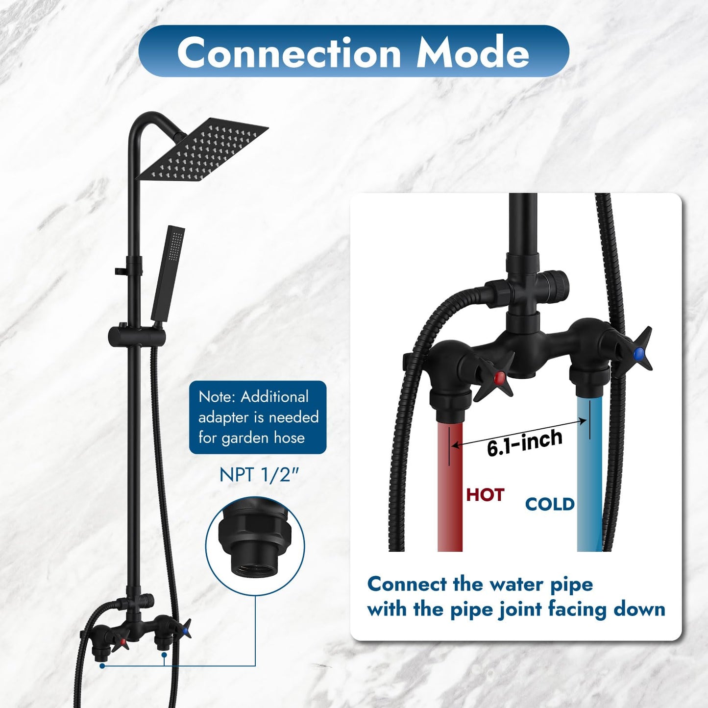 Cinwiny Wall Mounted Outdoor Shower System Matte Black 6" Square Rainfall Shower head with Hand Held Spray Double Cross Handles with Adjustable Slide Bar Two Function Exposed Shower Kit