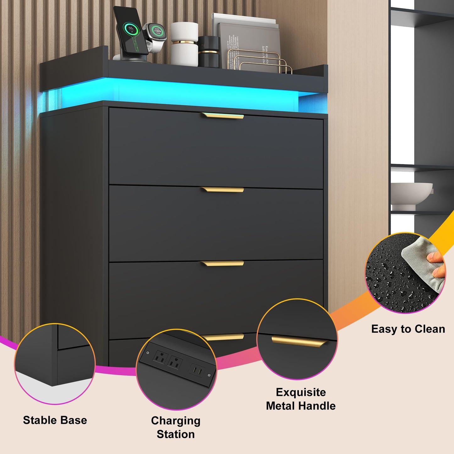 knoworld Black Dresser with LED Lights, Wooden LED Dresser, 4 Drawer Chest with Charging Station, Tall Chest of Drawer Closet Organizer for Bedroom, Living Room, Entryway, Hallway