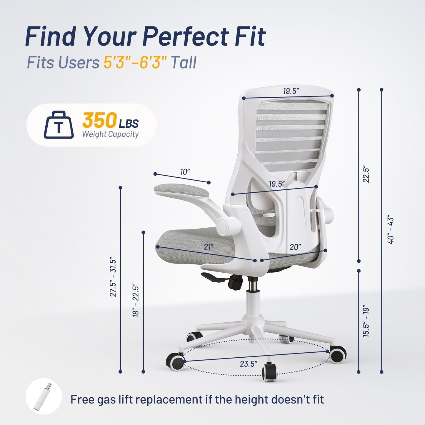 QLTPLUS Office Chair for Long Hours & Lower Back Pain Relief – 4" Thick Molded Foam Cushion, Enhanced Lumbar Support, Flip-up Armrests, Light Gray