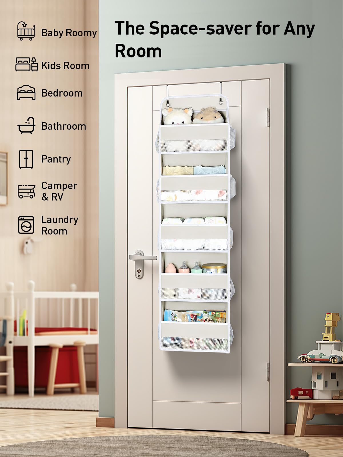 Yecaye 5 Tier Over the Door Organizer, 44lbs Load Toy Stuffed Animal Storage 10 Side Pockets, Bathroom Organizers and Storage for Nursery Newborn Baby Essential Stuff Dorm Room Essentials, Cream White