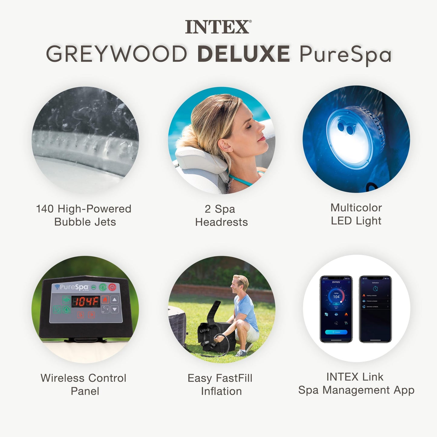 INTEX 28439EP PureSpa Greywood Deluxe Inflatable Spa Set: Includes Energy Efficient Cover – Spa Control App – Wireless Control Panel – 4 Person Capacity – 77" x 28"