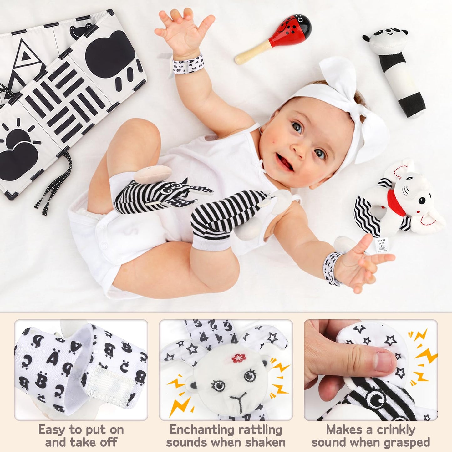 Dreamon 32PCS High Contrast Black and White Baby Sensory Toys, Newborn Tummy Time Toys with Rattle, Soft Book & Flash Cards, Montessori Infant Toys for 0-12 Months Boys Girls Shower Gifts