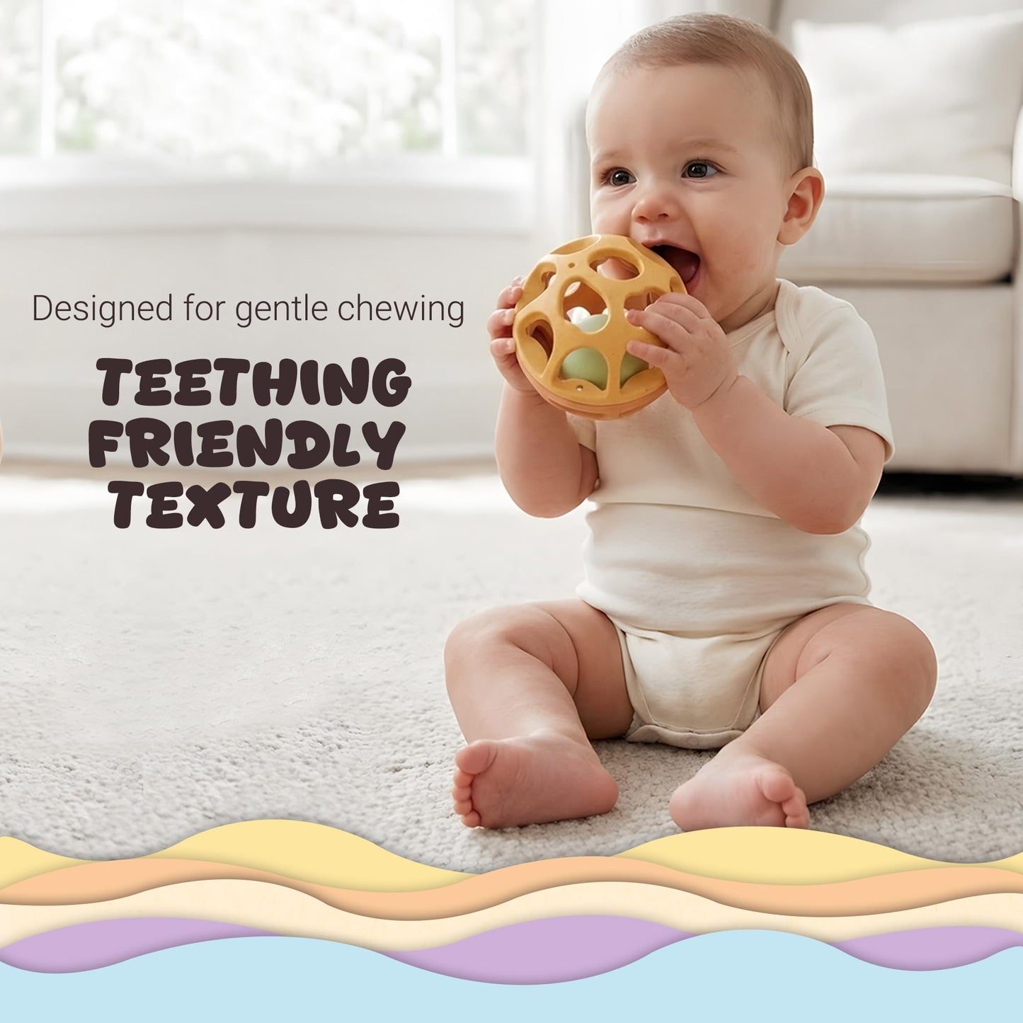 ROHSCE Sensory Rattle Balls Textured, Baby Teething Sensory Montessori Toys Soft Chew Toy with Rattles for Babies, Safe Wheat Straw Travle Toys, Developmental Newborn Baby Toys 6 to 12 Months, Yellow