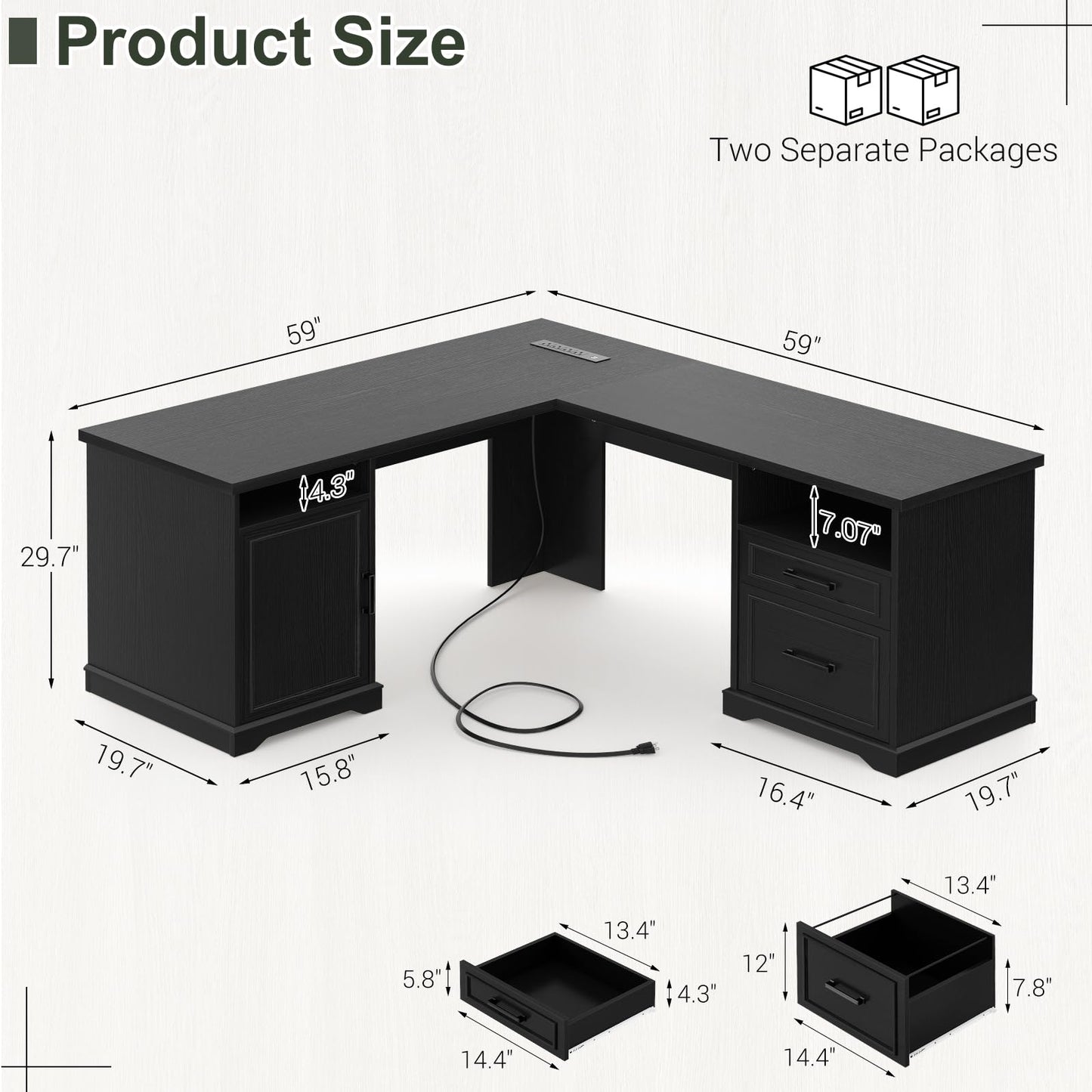 Unikito Farmhouse L Shaped Executive Desk with File Drawers, 60" Corner Computer Desk with Power Outlets, Large 2 Person Home Office Table with Storage Cabinet, Sturdy Writing Desk, Black