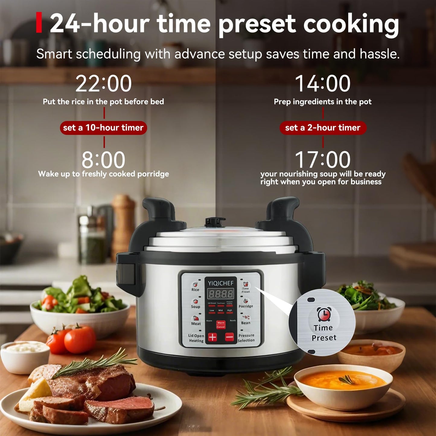 15.8Qt Commercial Large Electrical Pressure Cooker, 8-in-1 multifunctional Pressue Cooker with Non-stick Inner Pot|24 hours Preset Slow Cooker/Delay time Setting steam cooker/rice cooker and warmer
