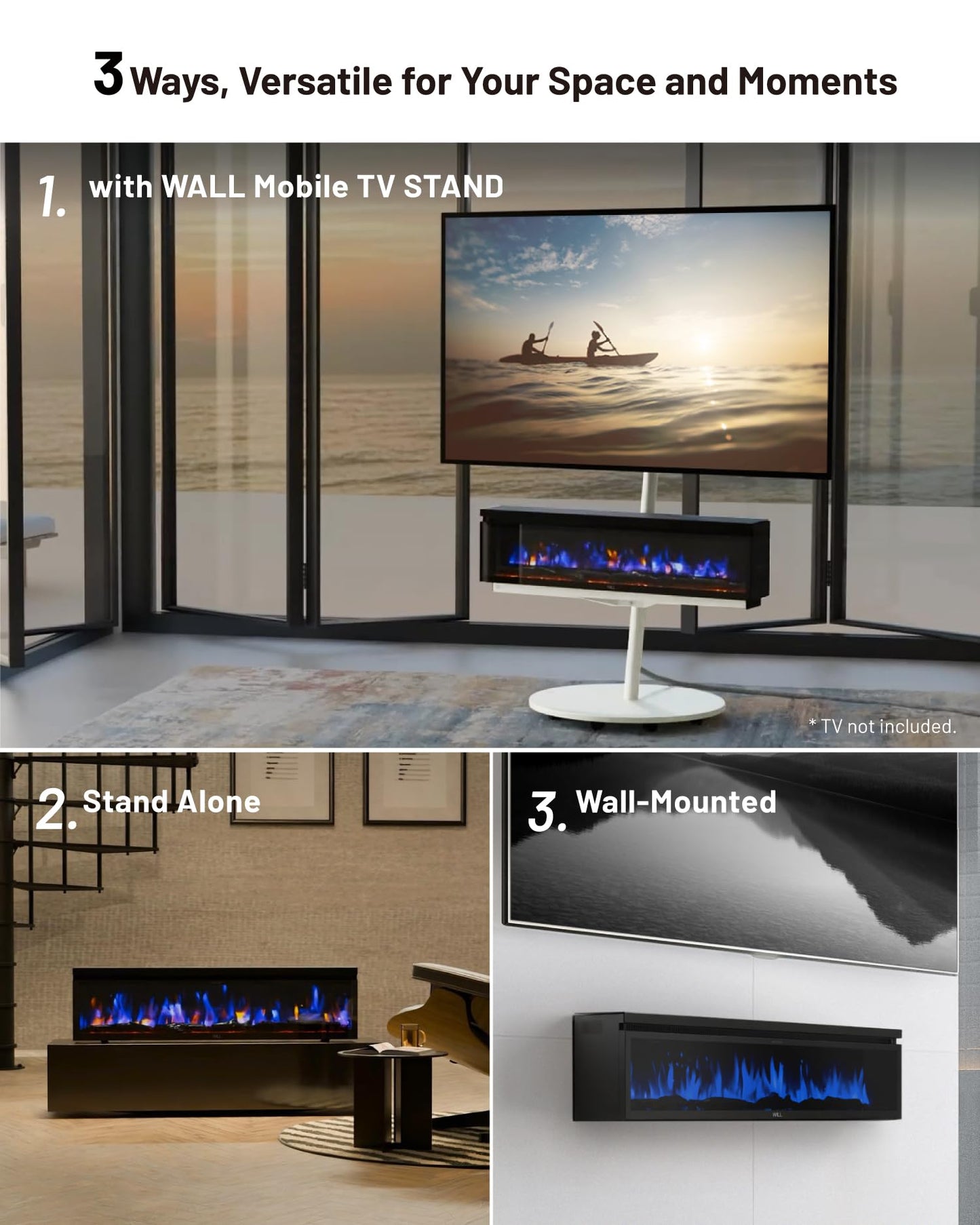 WALL SEVEN STAND A2 Grand Mobile TV Stand with FLAMEBAR Electric Fireplace & Shelf | Fits 45–80" TVs | Satin White | 1500 Flame Color Combinations | WiFi Enabled, 750/1500W Heater, Space-Saving Design