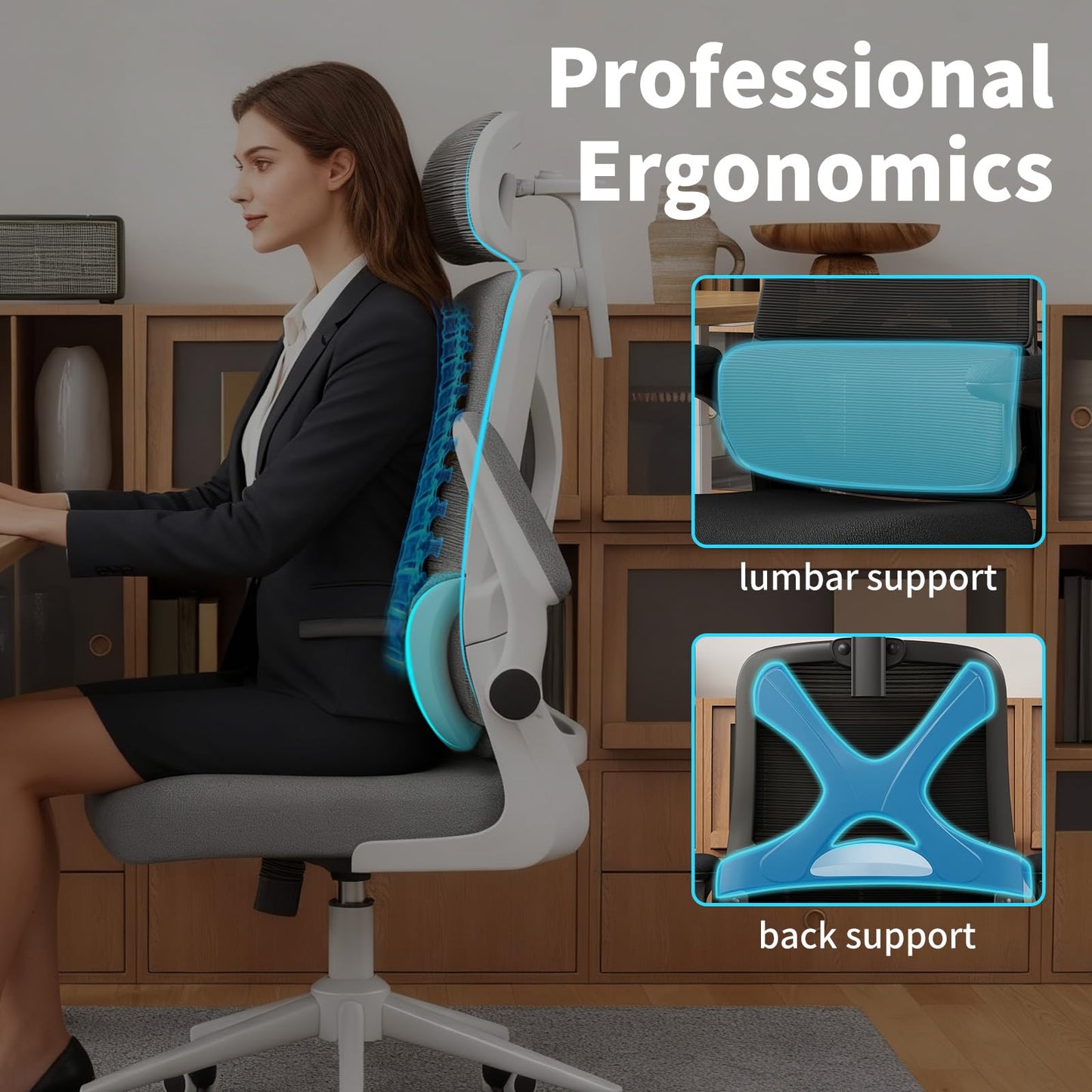 Ergonomic Office Chair - Desk Chair with Adjustable Headrest Lumbar Support Computer Chair - Mesh Comfy Chair with Flip-up Armrests - Gaming Chairs for Adults Home Office (Black+Black)