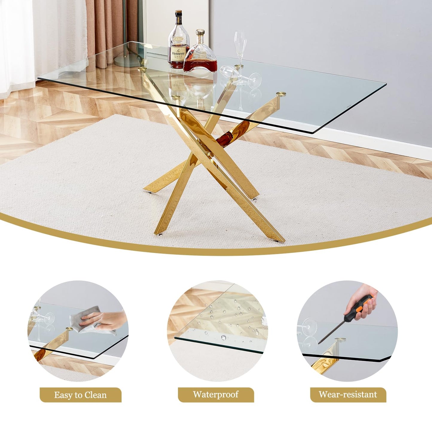 HAIZAO 63" Glass Dining Table for 4-6, Contemporary Rectangular Dining Room Table with Tempered Glass Top & Gold Finish Stainless Steel Legs, Modern Large Dining Table for Home Kitchen