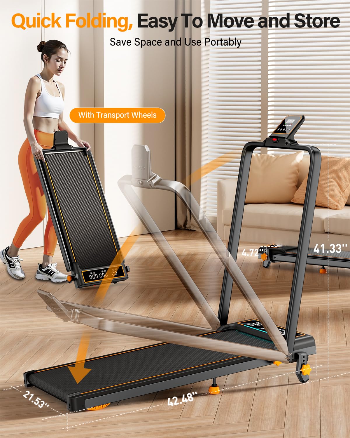 Treadmill Walking Pad with 15% Incline/Handle Bar/2 LED Display, 3.5HP Portable Treadmills for Home Small, Foldable Walking Pad Treadmill 350+lb Capacity, Smart App, 4 Adjustable Incline, RGB Light