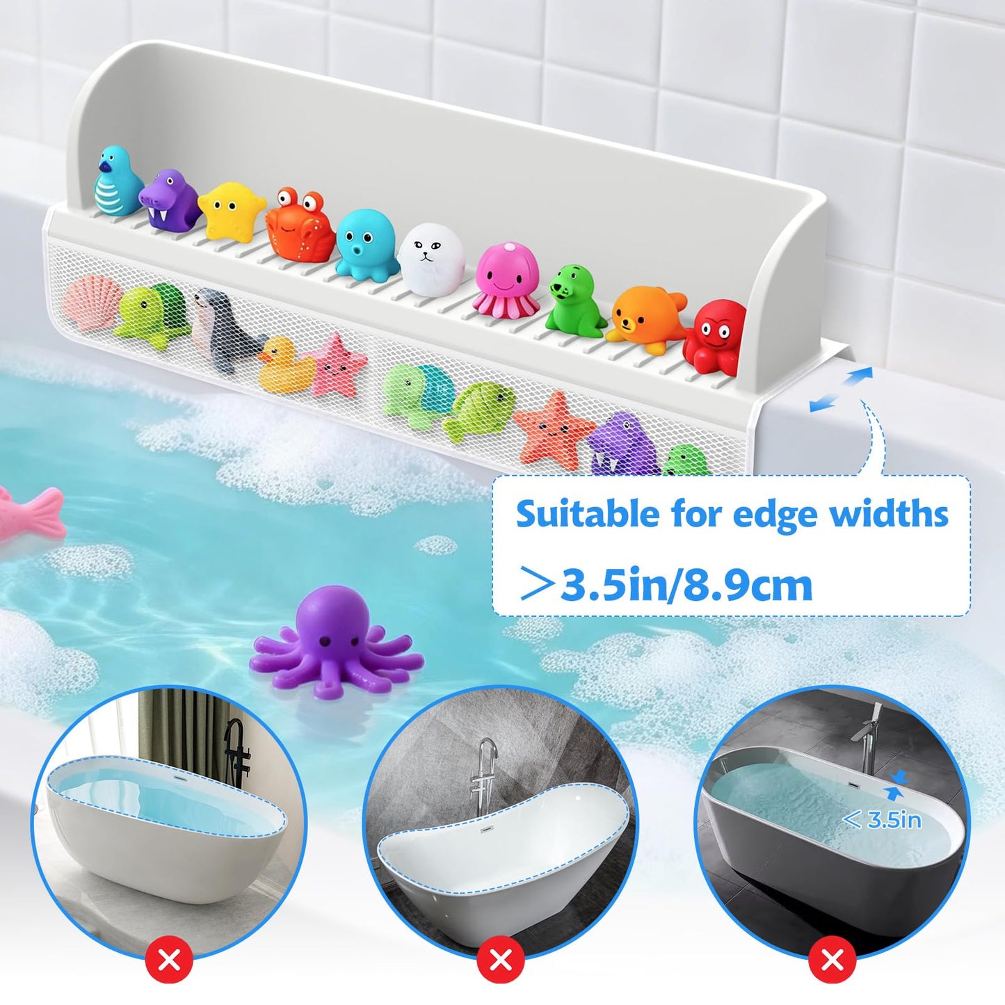 Splash Guard for Bathtub Kids,Toy Tray Caddy Holder Storage,Bath Toy Storage Bag,Guard for Bathtub with Mesh Bathtub Toys Storage,Super Adsorption - Extended Design for Splash Protection,Silicone,Gray