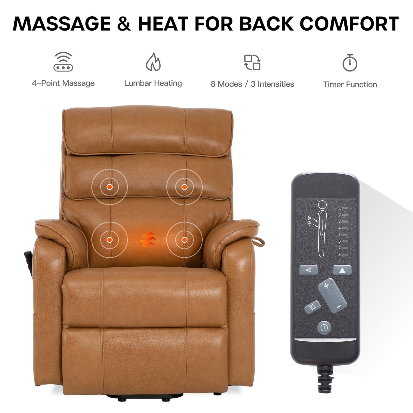 DYNOX 350 LBS Genuine Leather Power Lift Recliner Chair for Elderly, Medium Size Dual Motor Lay Flat Infinite Positions Recliner with Heat & Massage (9188,Genuine Leather,Camel)