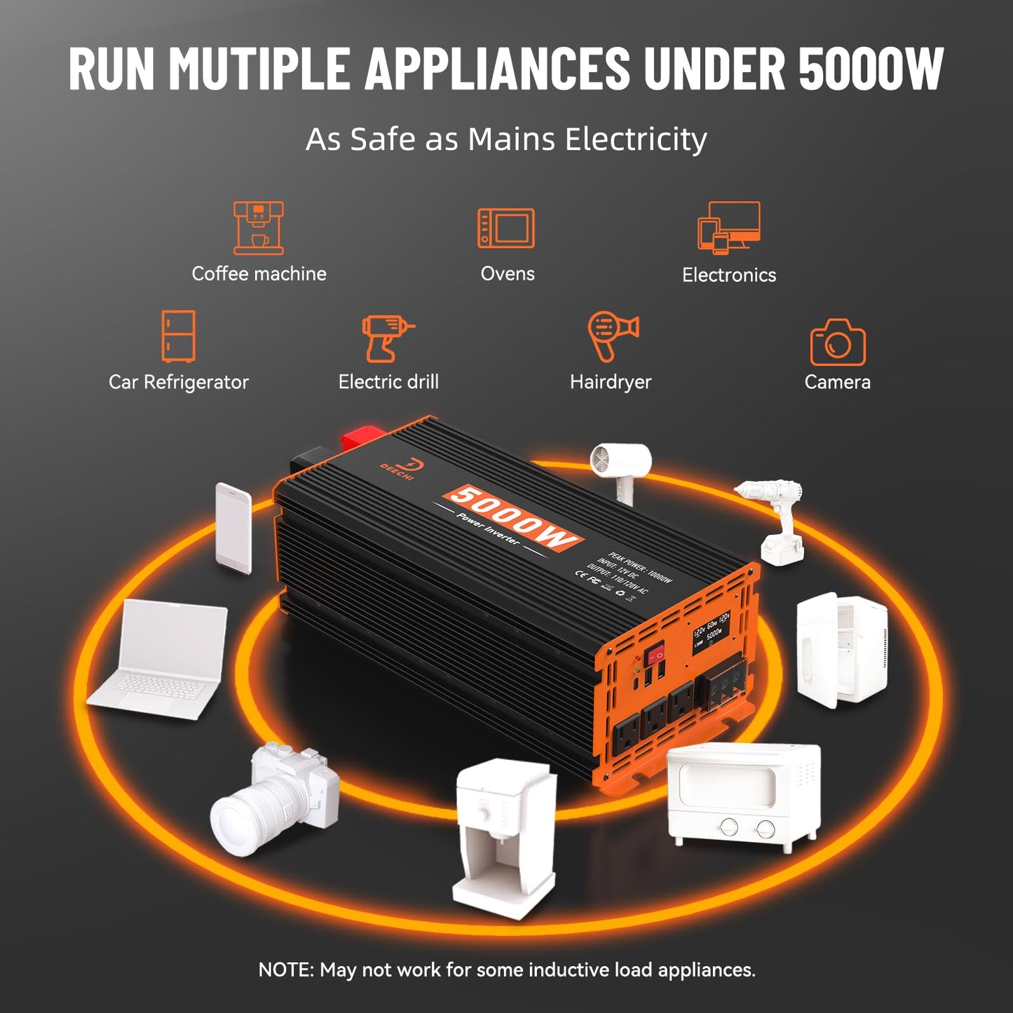 5000W Power Inverter 12V DC to 110V/120V AC Converter for RV/Truck/Boat/Camping/Off-Grid Solar Car Power Inverter Peak Power 10000W with 3 AC Outlets,USB & Type-C Port, Remote Controller & LCD Screen
