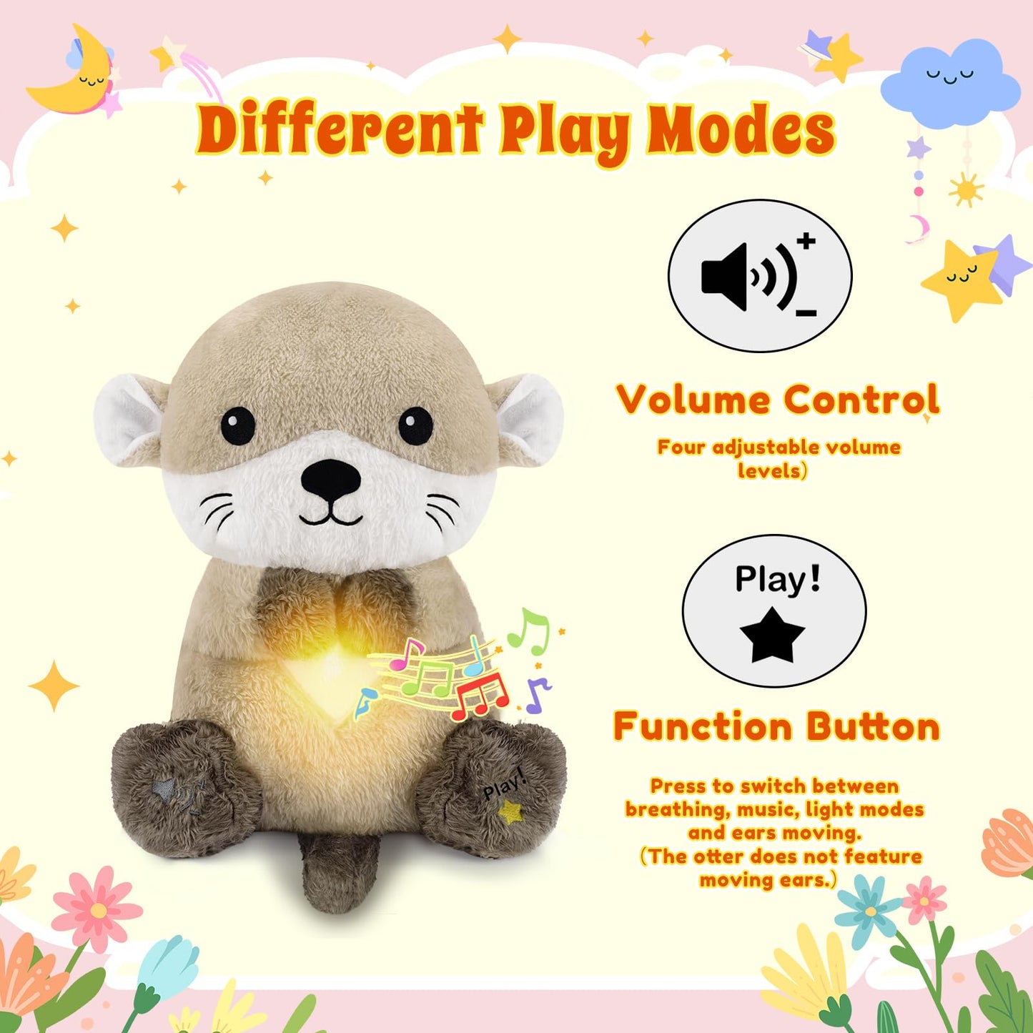 BRICHOEE Breathing Stuffed Animal, Soothing Otter Stuffed Animal with Breathing Motion, Calming Sound and Light for Baby Sleep Companion Portable Plush Toy Gifts for Kids Adults Newborns