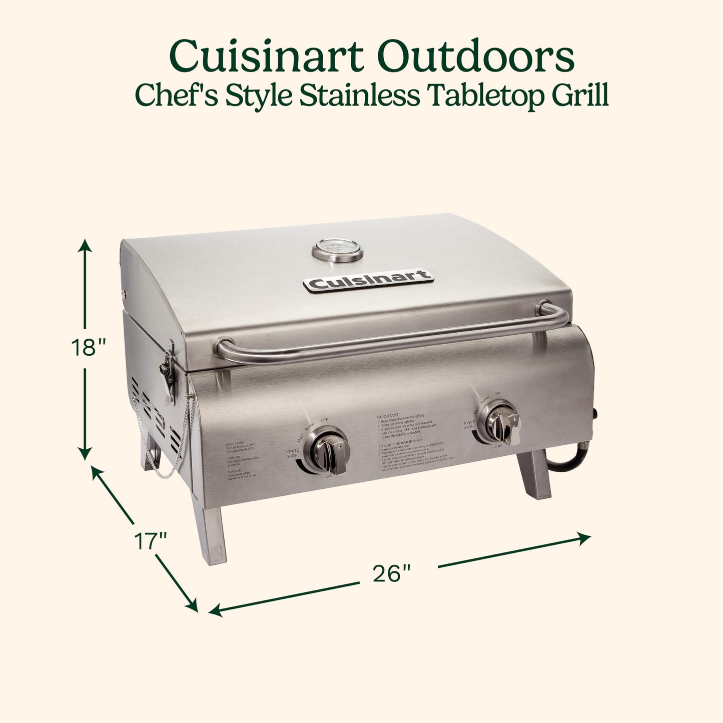 Cuisinart Chef's Style Tabletop Portable Propane Grill, 20,000 BTU Stainless Steel 2-Burner Outdoor Gas Grill for Camping, Tailgates, BBQ, Hassle-Free Setup, Twist-Start Ignition, CGG-306