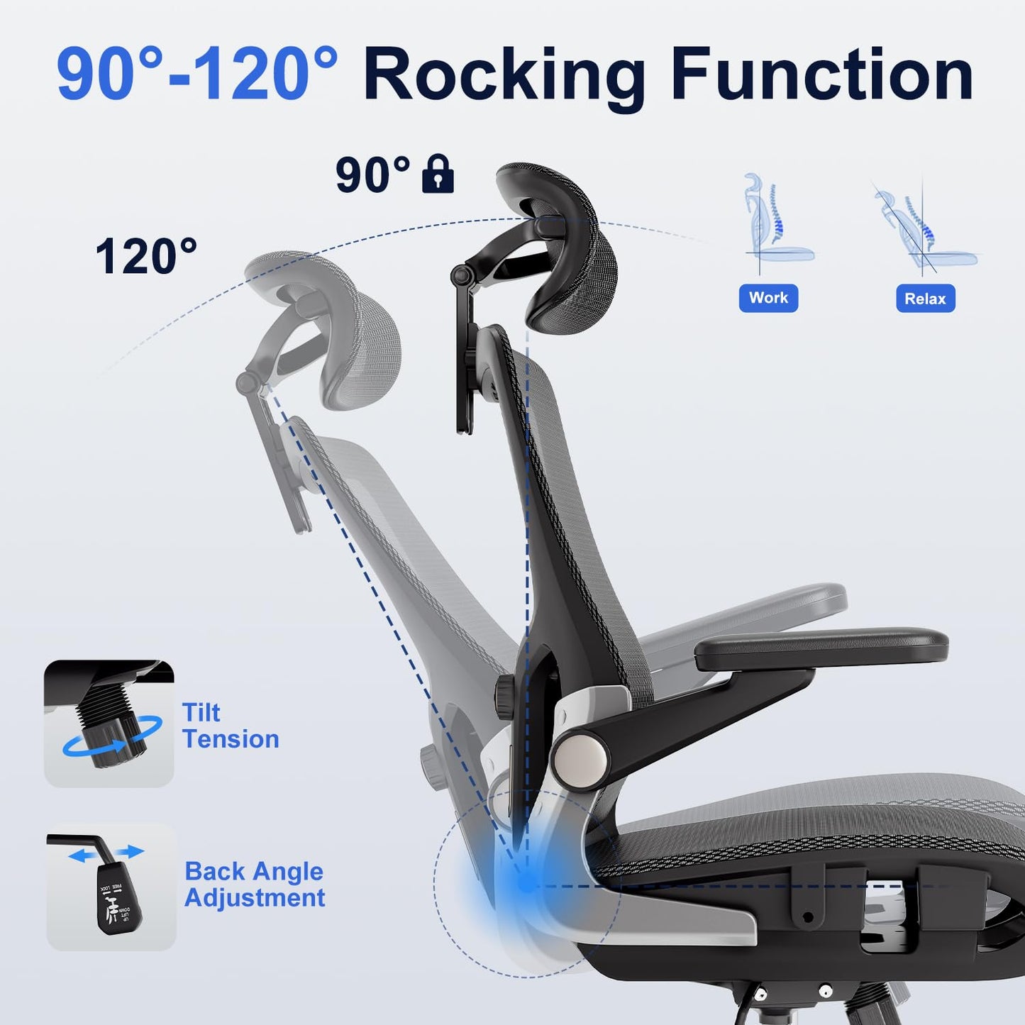 marrap Ergonomic Office Chair, Mesh Seat Cushion with 3D Armrests and 3D Headrest, Adjustable Lumbar Support with 90-120° Rocking Function, SGS Class 4 Gas Clylinder, Black