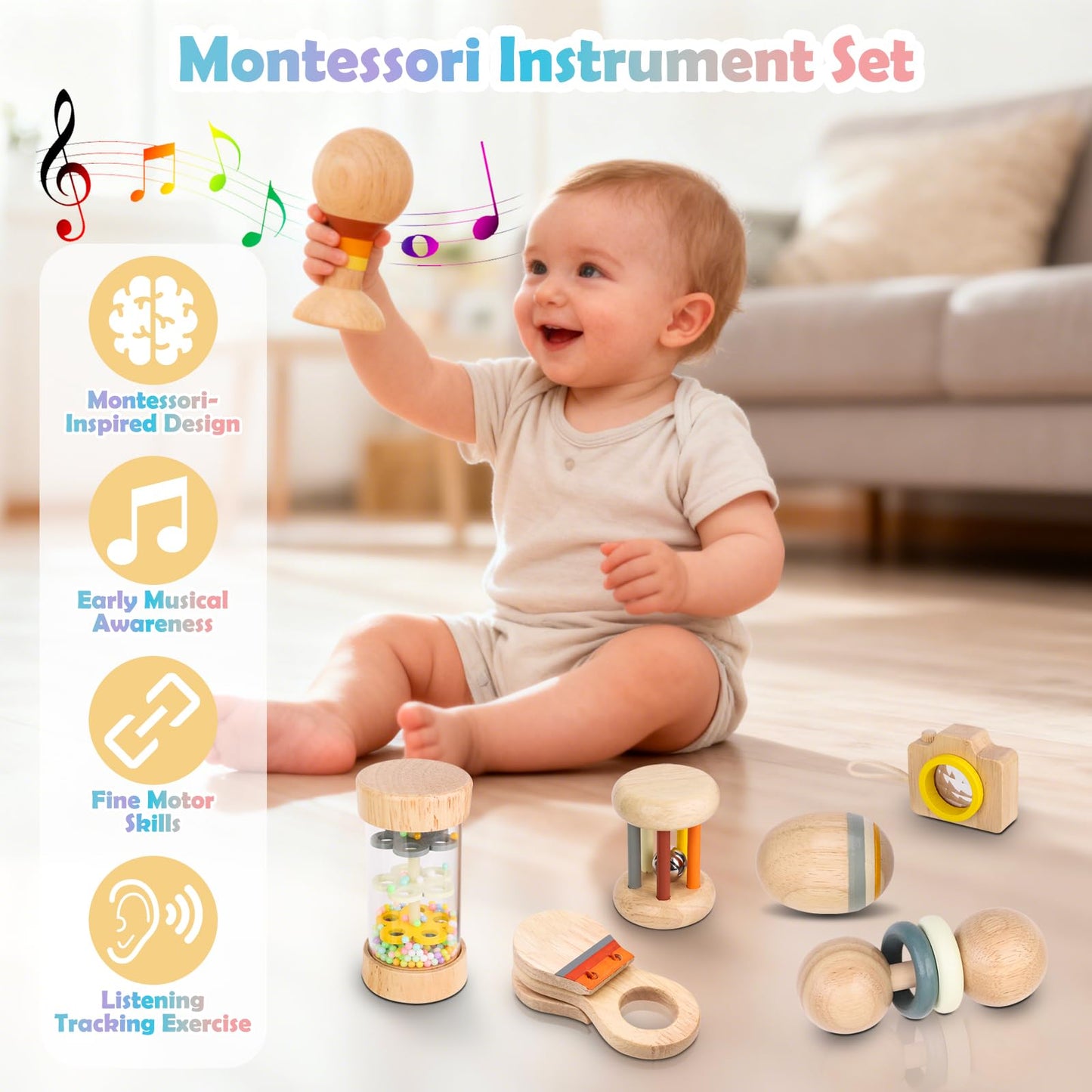 Montessori Wooden Baby Toys 7-in-1 Sensory Set for Babies 0–12 Months, Rain Sound Tube & Rattle Roller, Sensory Musical Gift for Baby Boys and Girls with Storage Bag