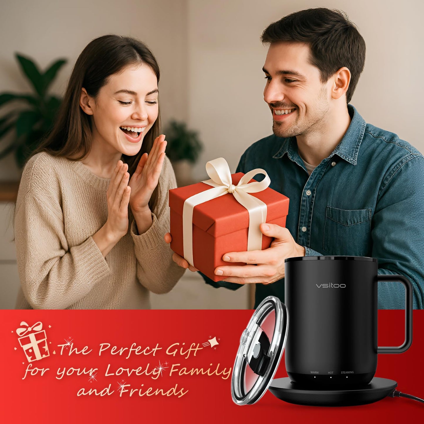 Vsitoo S3 Plus 14oz Heated Coffee Cup - Temperature Control Smart Mug with Mug Warmer, Auto-Sensing AI Heats Drinks to 120-150°F Hands-Free.Ideal for Home/Office/Gifts，Black