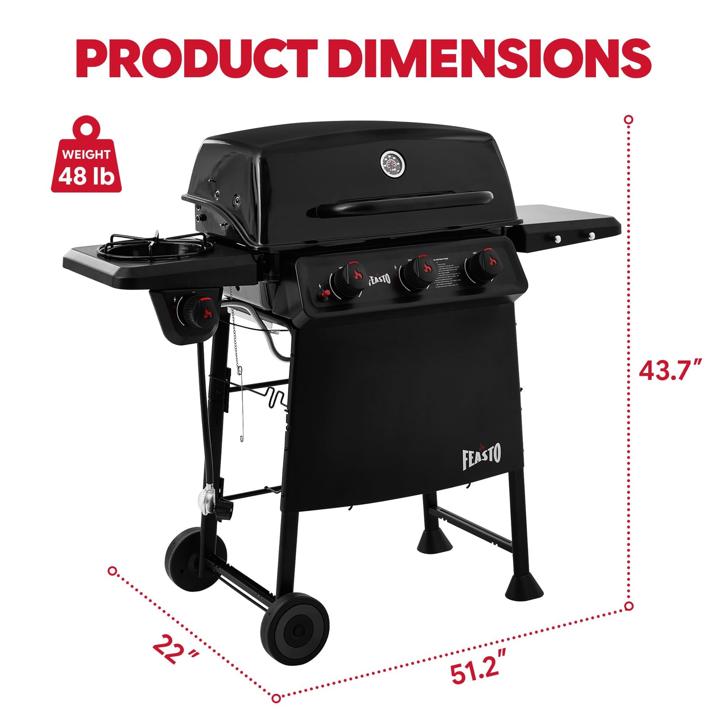 Feasto 3 Burner Propane Gas Grill with Side Burner, Porcelain-Enamel Main Body and Lid, Propane BBQ Grill with 38,000 BTUs Output & Side Table for Patio, Backyard, Poolside Gatherings