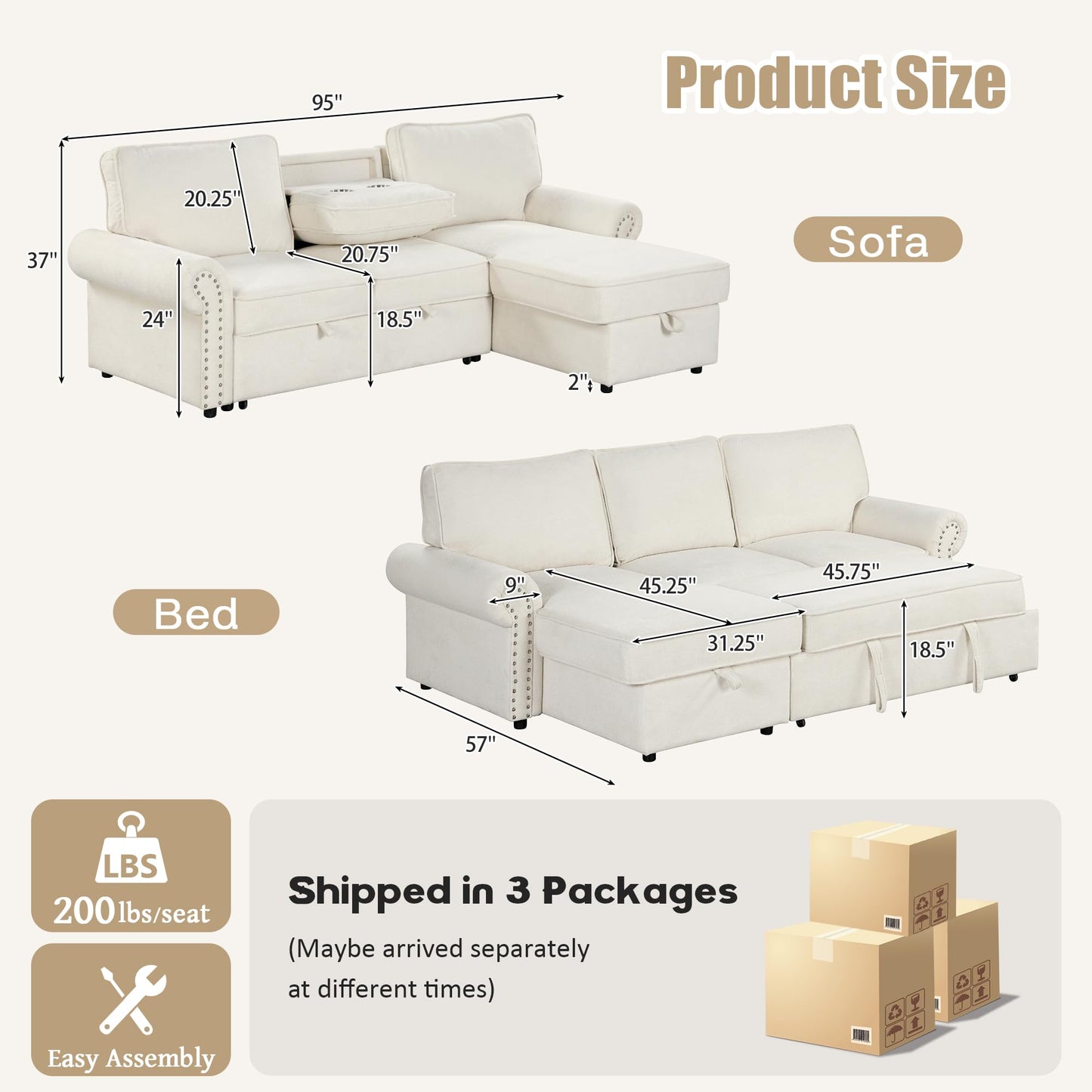 Merax 95" Convertible Sectional Sleeper Sofa with Pull Out Bed & Storage Chaise & Pull-Down Table | Acacia Wood Frame Couch Bed with Cup Holders & Nailhead Trim for Small Apartments & Guests, Beige