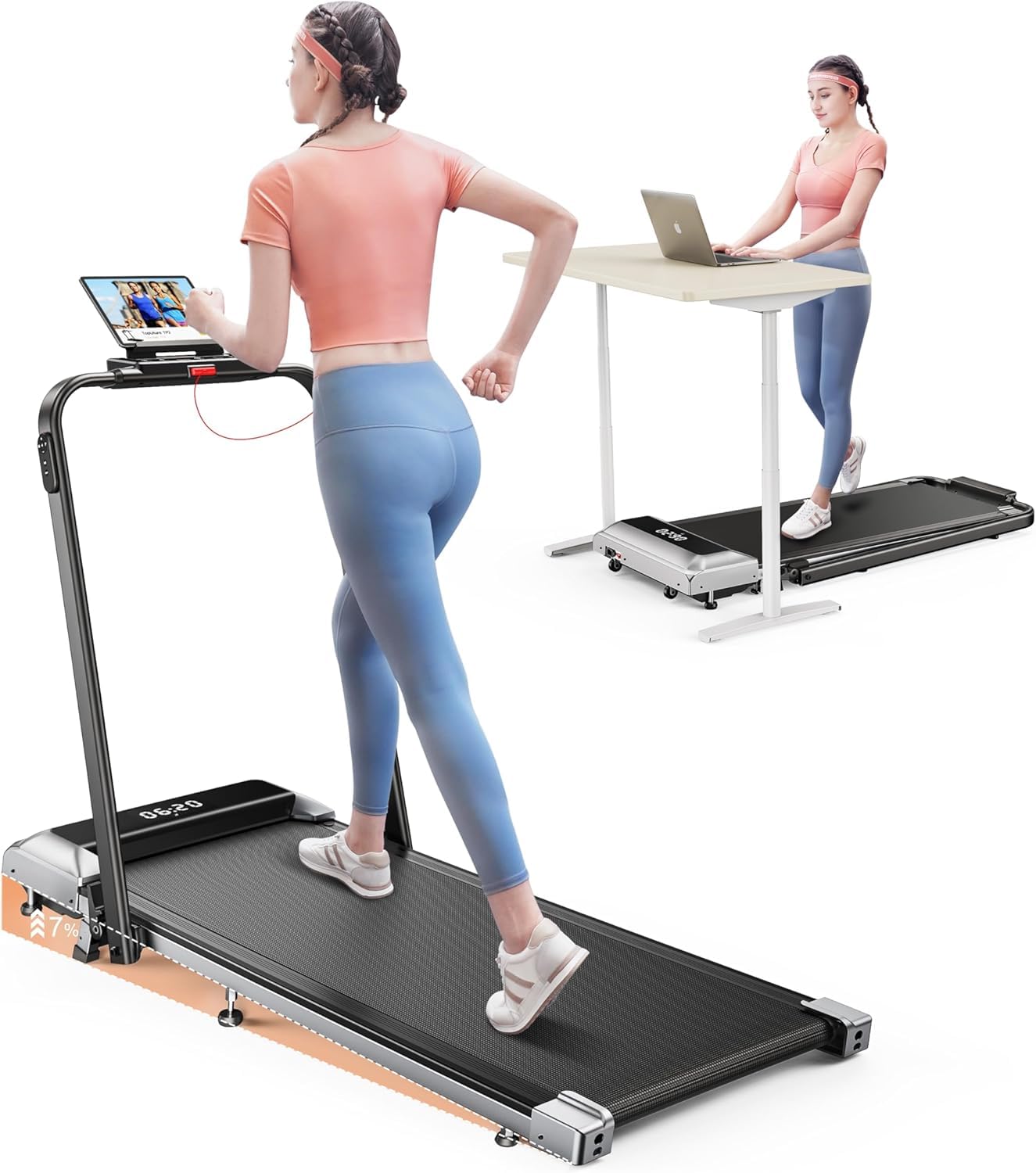 TOPUTURE Walking Pad Treadmill with 12% Incline, 6 in 1 Folding Treadmill with Adjustable Handle Bar for Home/Office, Under Desk Treadmills Portable Walking Pad with App, Remote Control & LED Display