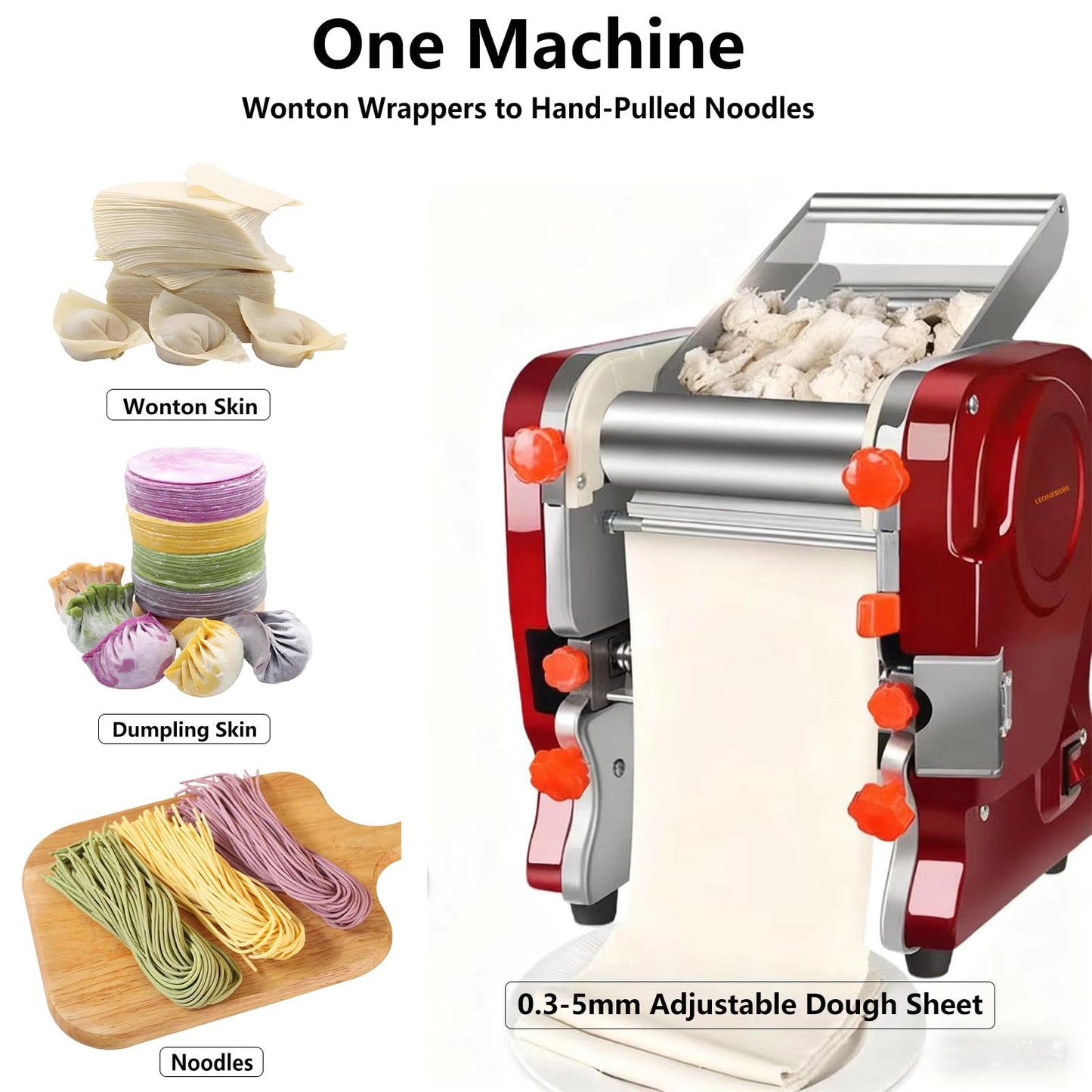 LEONEBEBE Pasta Maker Machine, Electric Commercial Pasta Roller with Stainless Steel Noodle Press, 3/9MM Blades, Dough Thickness Adjustable (0.3-5mm) for Spaghetti Lasagna Linguine Restaurant Use
