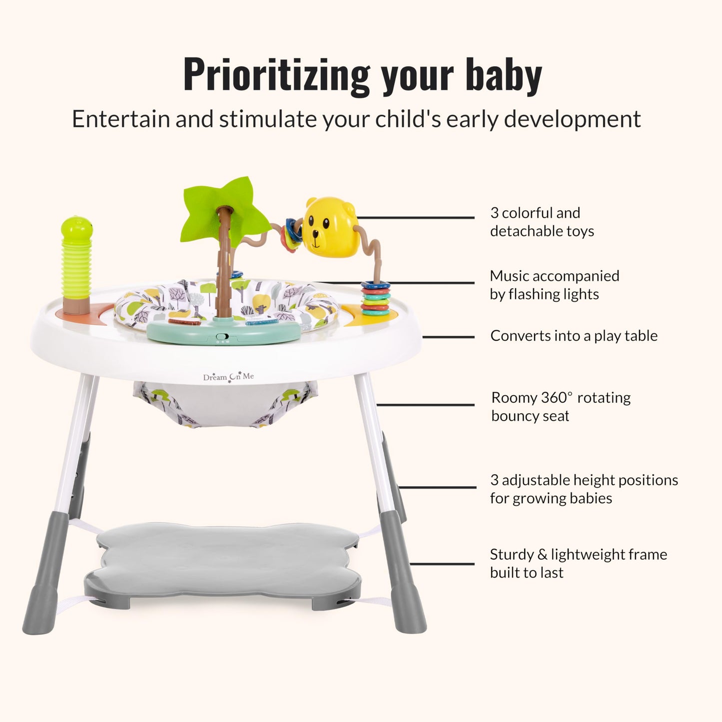 Dream On Me Curio Sit N Seek Baby Activity Center in Lime, 2 in 1 Activity Center and Play Table with 3 Detachable Toys and Music, 3 Level Height Adjustable Positions Activity Center for Baby