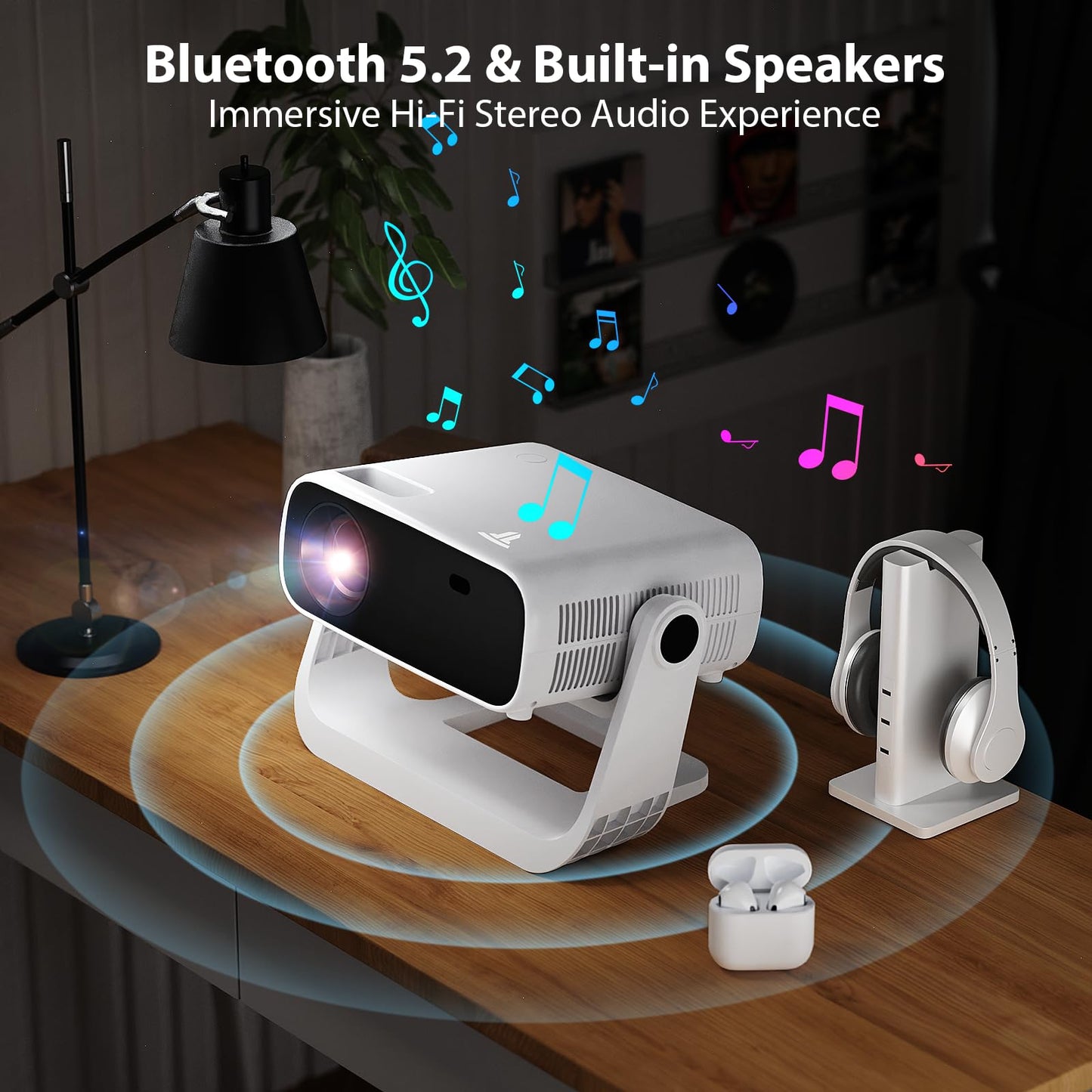 Wielio Smart Projector with WiFi 6 and Bluetooth Built-in Apps - 4K Support Portable Bedroom Mini Projector Native 1080P , 2025 New Auto Keystone & Zoom Home Theater Cinema Movie Proyector, 120° Stand