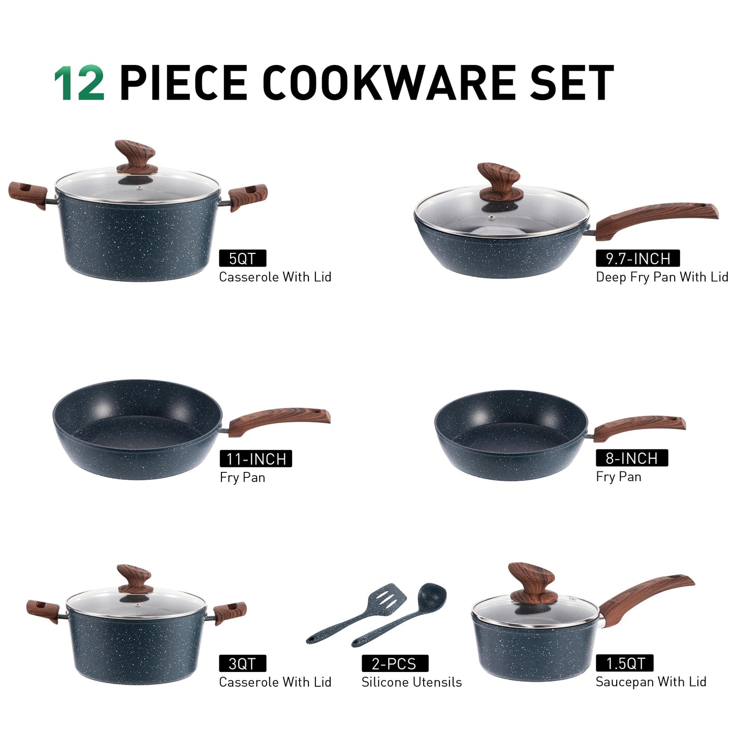 MAISON ARTS Pots and Pans Set Non Stick, Kitchen Cookware Sets Nonstick, 12 Piece Granite Cooking Pot and Pan for Induction, Stovetop, Blue