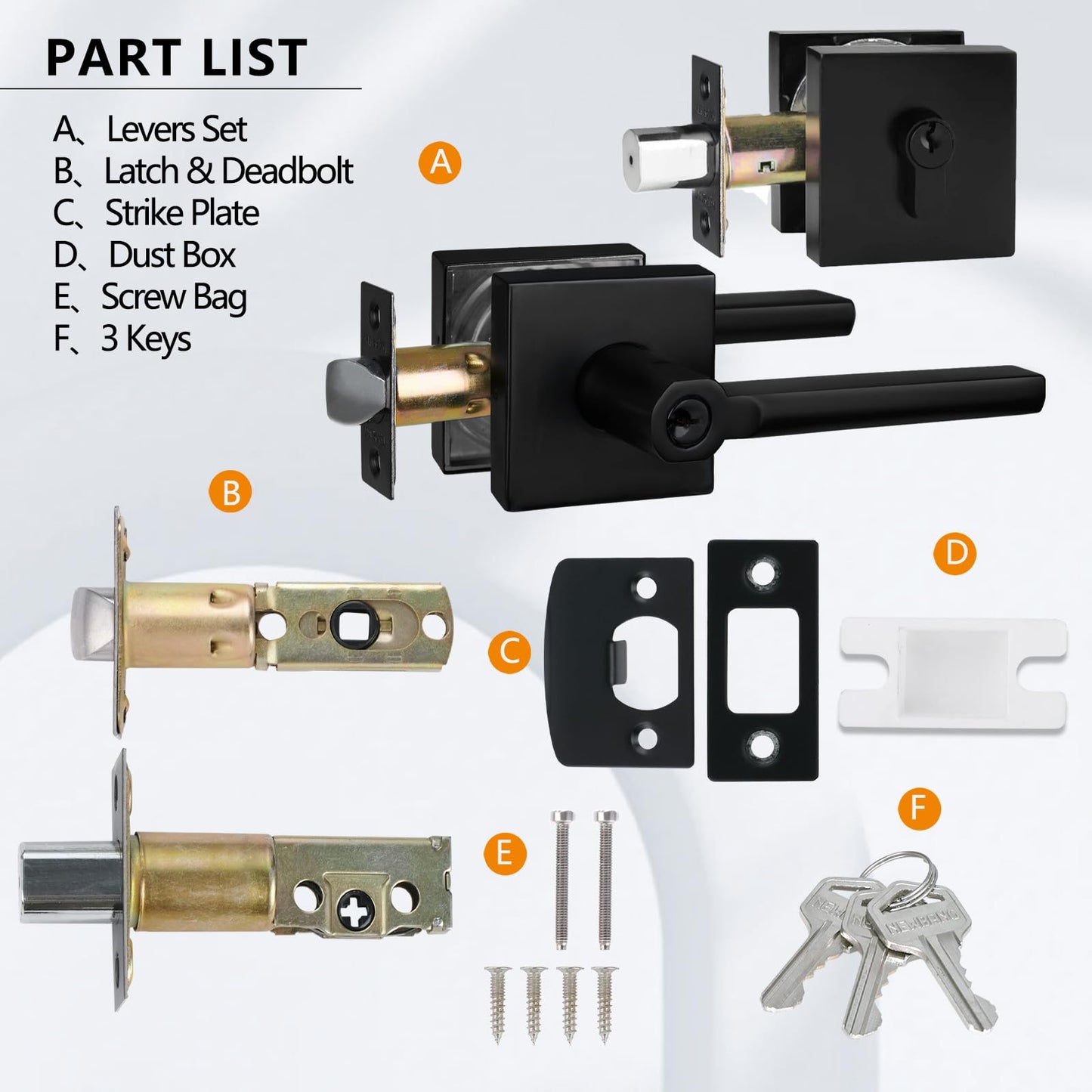 NEWBANG (6Pack Square Heavy Duty Keyed Entry Combo with deadbolt and Lever Door Handle in Matte Black (for Entrance/Exterior/Front/Office Door) Left or Right Handed