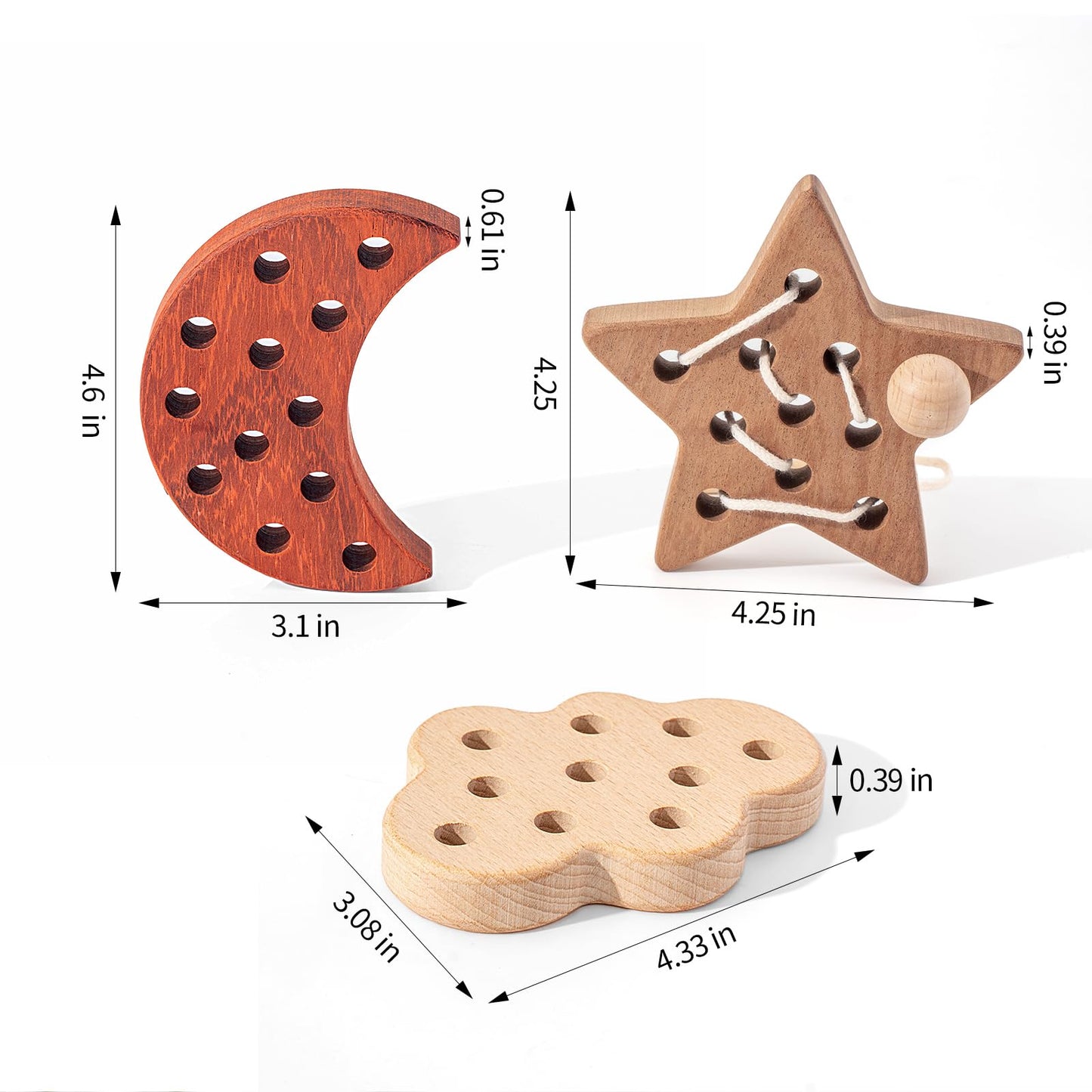 FlameFlash 3 Pack Wooden Lacing Threading Toys for Toddlers 1-3 Solid Wood Threading Activity Puzzles, Moon/Stars/Cloud Quiet Toddler Toys for Airplane Travel Fine Motor Skills Sensory Toys
