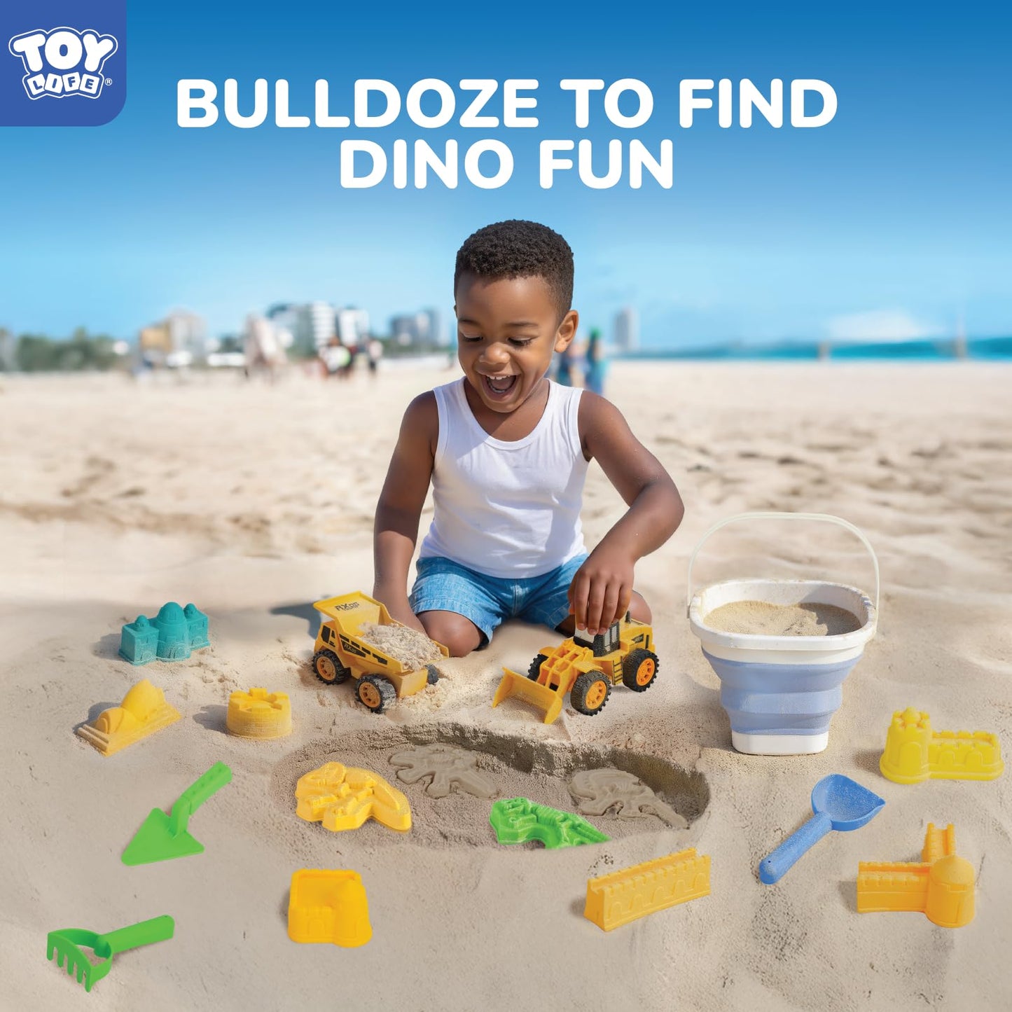 TOY Life 22 Pcs Dinosaur Beach Toys for Kids Ages 4-8 Collapsible Sand Toys with Construction Cars Silicone Bucket Shovels & Sand Castle Building Kit Molds, Sandbox Toy for Summer, Travel, Fishing